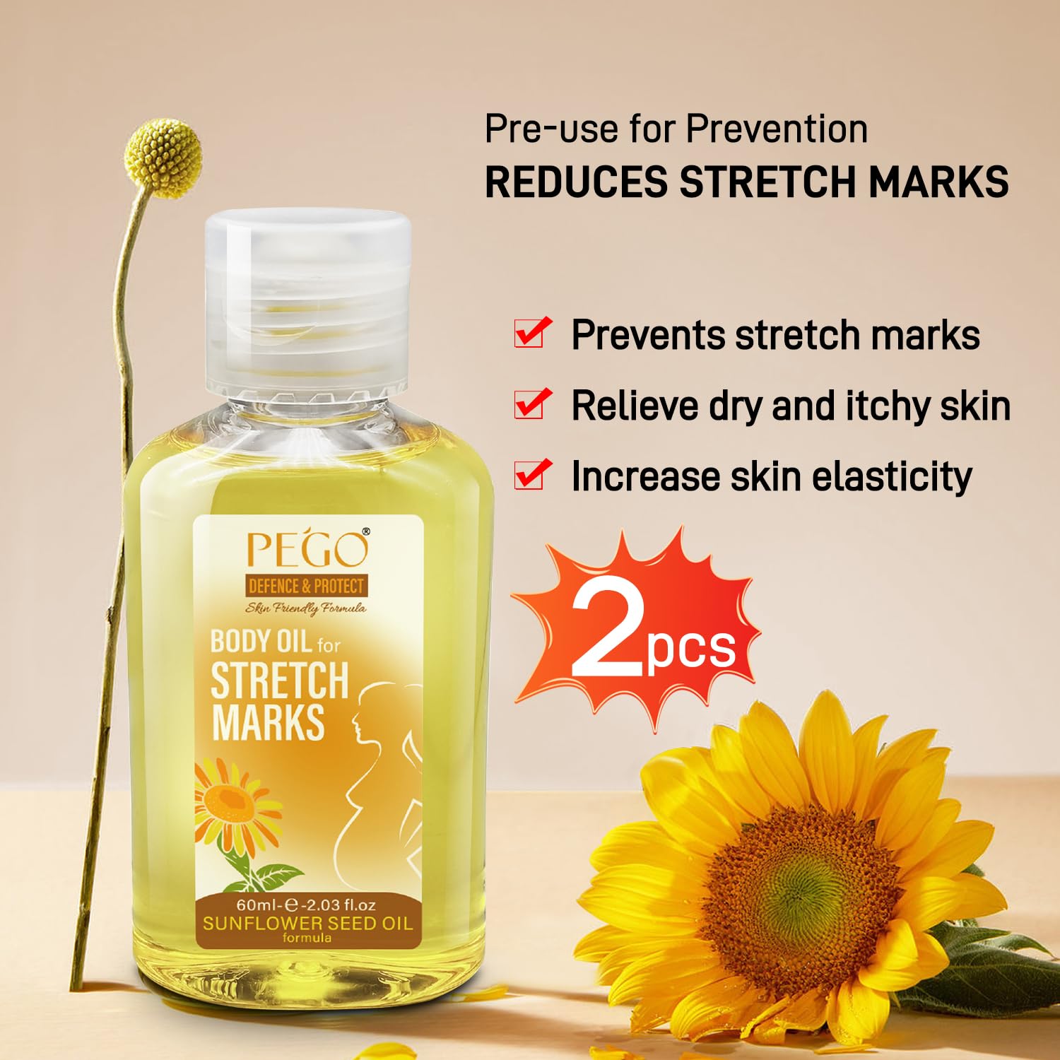 PEGO Stretch Mark Oil for Pregnancy, Maternity Body Oil for Stretch Mark Prevention & Reduction, Hydrating Skin Care, 4.06oz (2Pack)