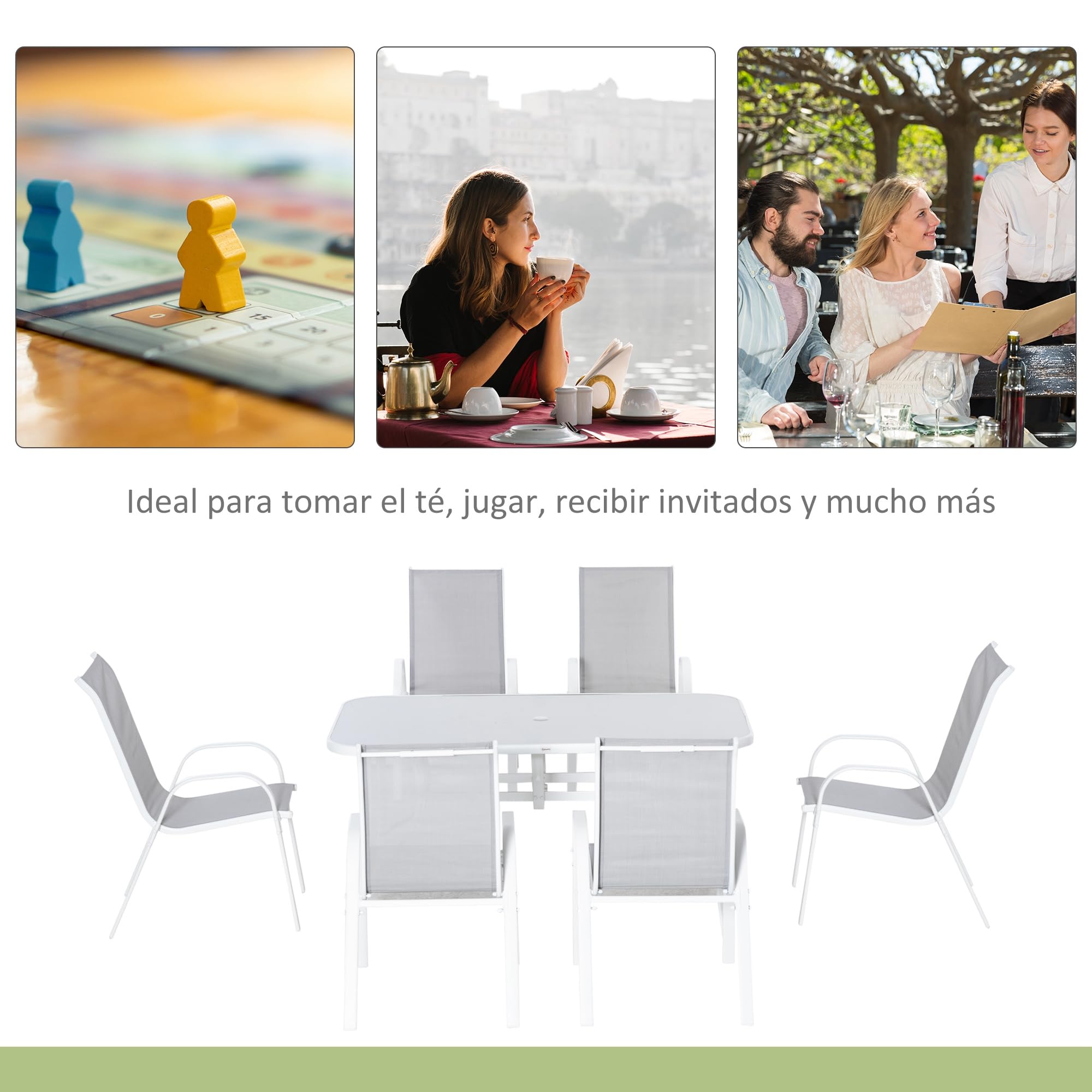 Outsunny Conjunto de Mesa y Sillas Jardín de 7 Piezas Exterior Gris | Muebles de Jardín Exterior, Mesa y 6 Sillas para Terraza, Orificio para Sombrilla, Encimera de Cristal, para Terraza Patio