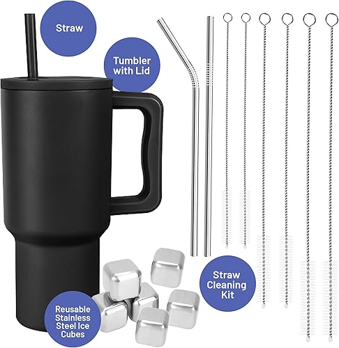 Miniatura 7 de Eventici - Vaso de 40 onzas con asa y tapa para pajilla, botella de agua de acero inoxidable con aislamiento al vacío de doble pared, taza de viaje