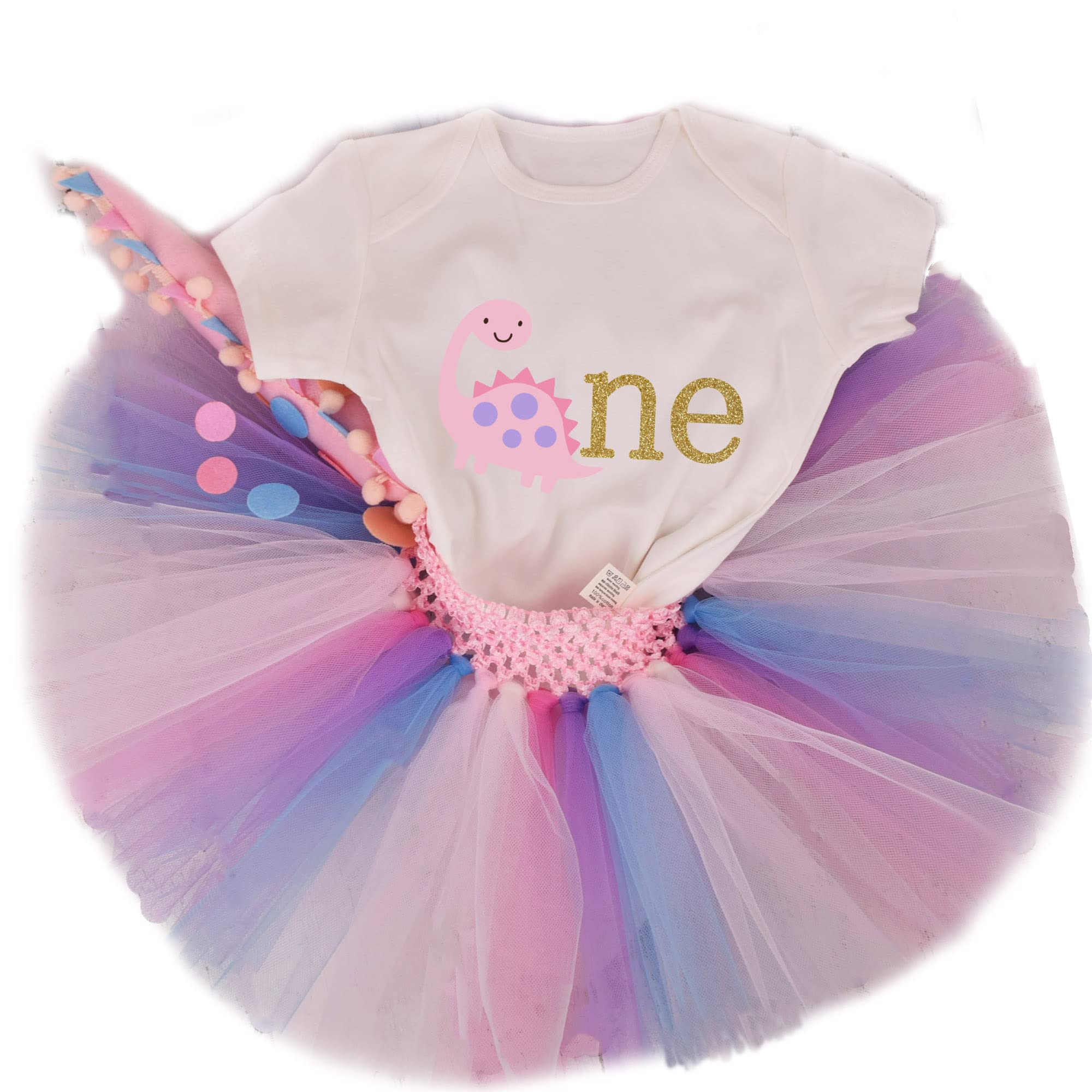 Purtulle Baby Girls Dino Birthday Tutu Outfit Infant Cotton Romper+Tutu Skirt+Dino Tail Cake Smash 3PCS Clothes Set (Pink, 9-12 mths)