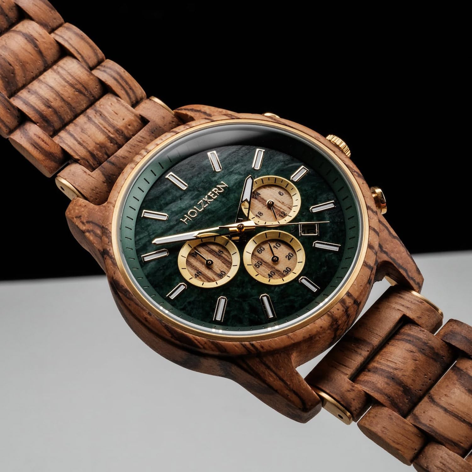 HOLZKERN Herrenuhr Chronograph Blätterdach Zebrano/Marmor 9010631016371