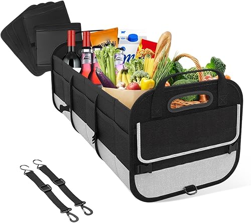 Organizador grande para automóvil, organizador de maletero de almacenamiento elástico de 95 litros con compartimentos divididos, organizador fijo de