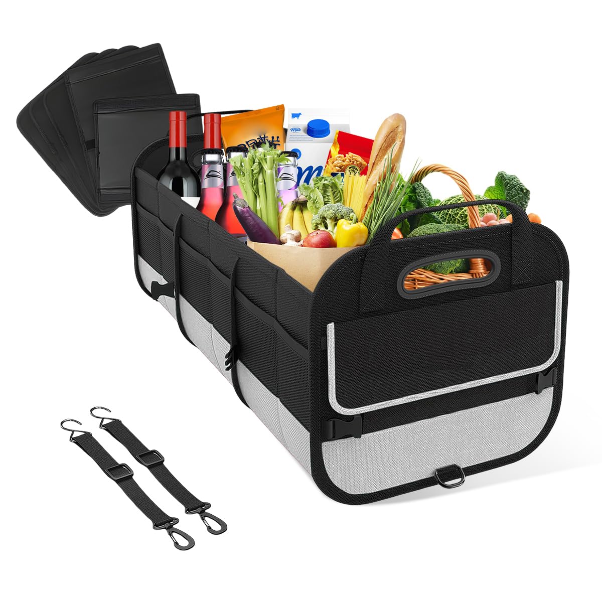 Photo 1 of povtii Large Organizer for Car, 95L Stretchable Storage Trunk Organizer with Divided Compartments, Fixed Big Trunk Organizer with Handles & Adjustable Straps, Car Accessories (Black & Gray)