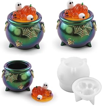 Halloween Witch Cauldron Resin Mold Silicone Cute Ghost Pumpkin Lids Large Jar Molds for Resin Casting Halloween Party Home Decoration Cauldron-Pumpkin