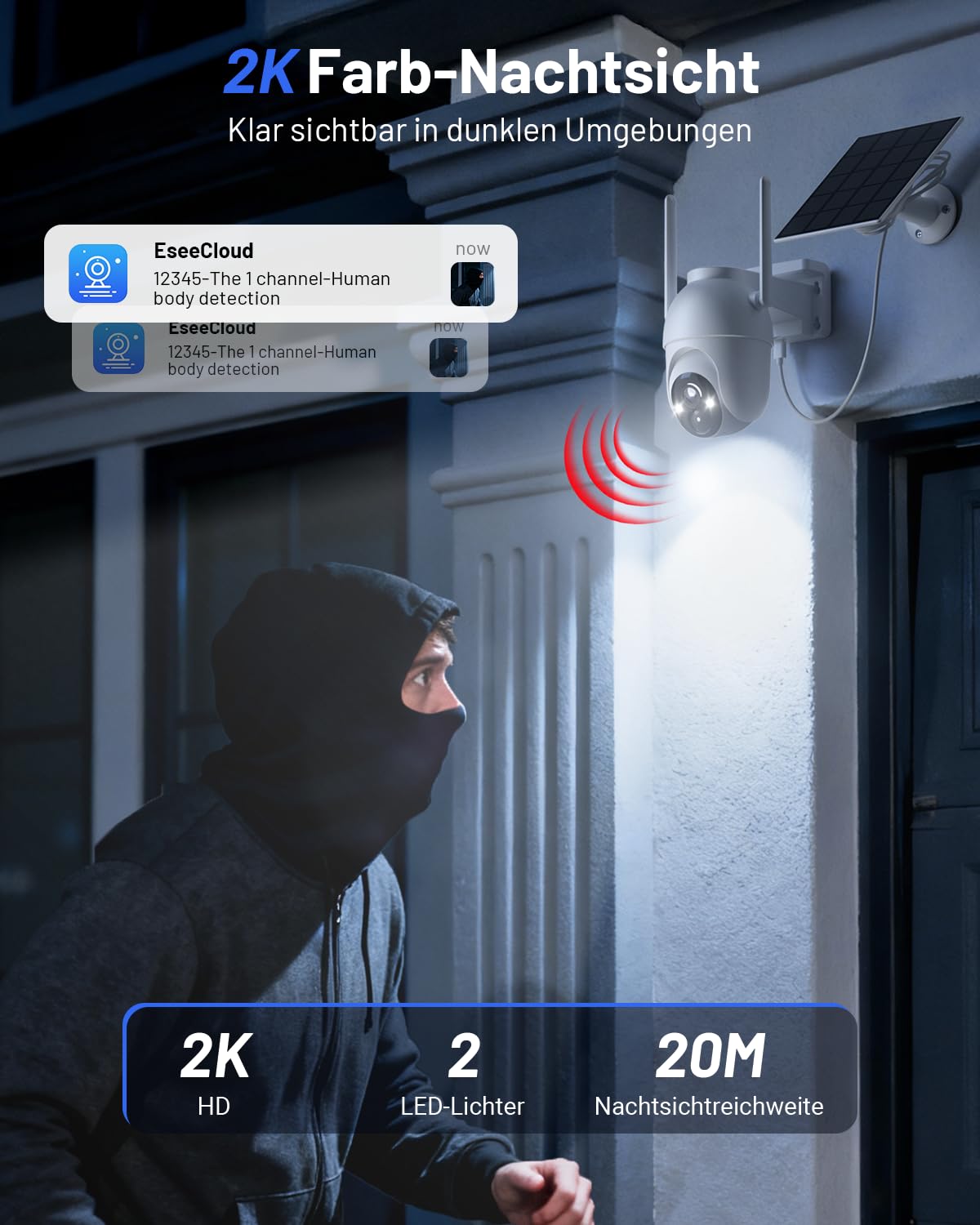 2K Überwachungskamera Aussen Akku Solar, 2-Cam-Set mit Basisstation | 360° PTZ Kabellos, 32G Lokaler Speicher, Keine Gebühren, KI-Erkennung, Farbe Nachtsicht 2 Wege Audio, 5G/2,4G WLAN, für Haus
