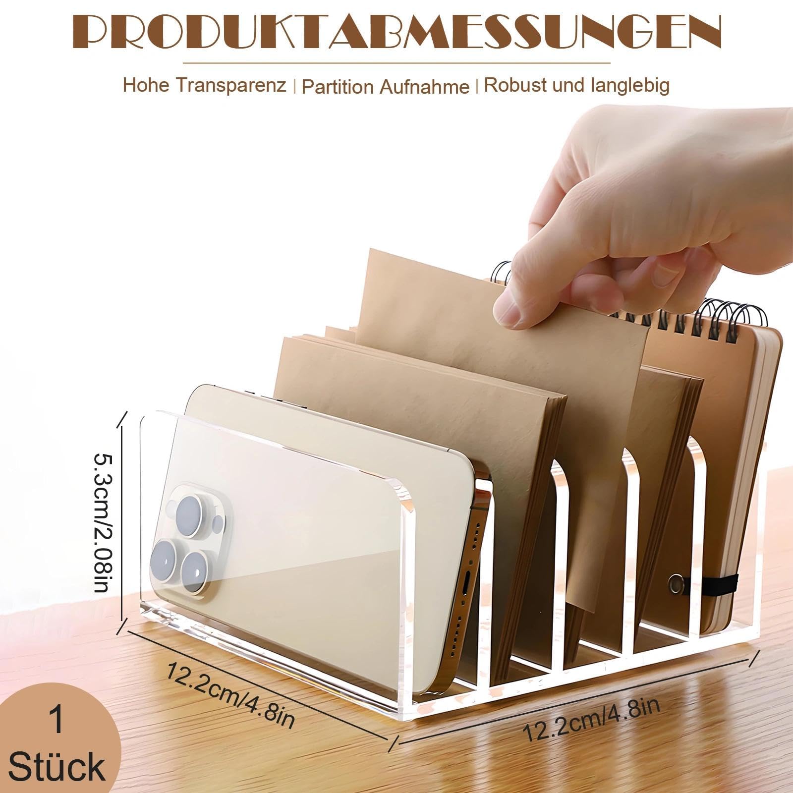 Soporte para tarjetas de acrílico, 5 compartimentos, bandeja para cartas de escritorio, soporte para notas, tarjetas de visita y postales, oficina, familia, oficina en casa, transparente, alto 12,2 x