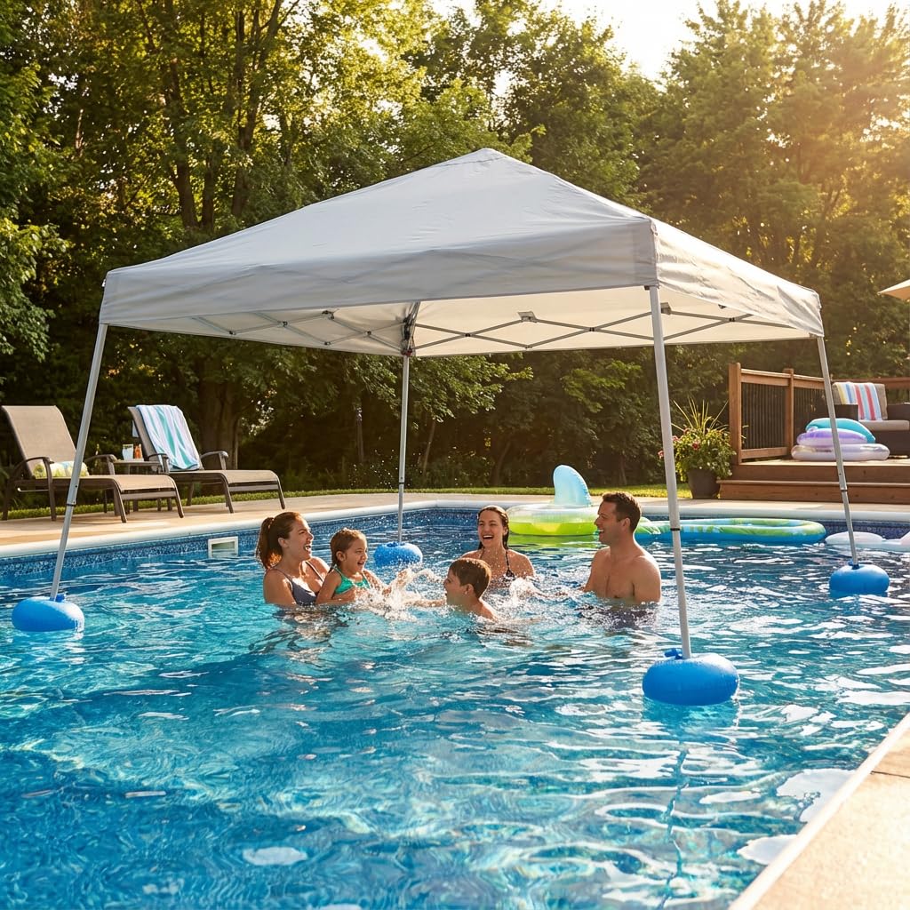 SUNJOY 3 x 3 m Pop Up Pool Pavillon mit UPF 50+ Sonnendach, Stahlrahmen, höhenverstellbar, schwimmender Outdoor Pavillon mit PVC Schwimmkörpern, Handpumpe und Tragetasche