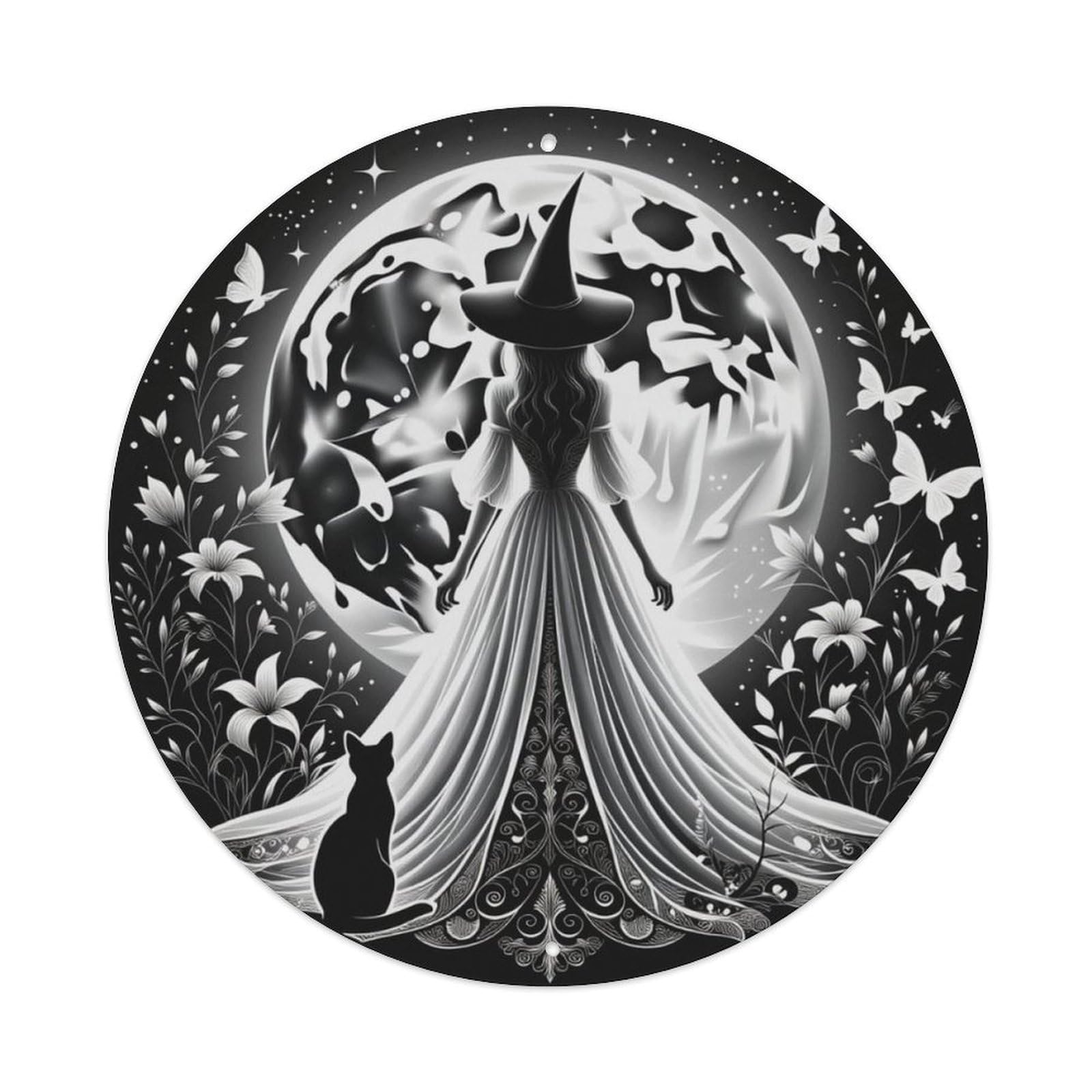 Black White Moon Witch Black Cat Floral Round Decor Sign Vintage Aluminium Metal Sign, Retro Wall Decor for Home, Bar, Garage & Farmhouse 20x20cm