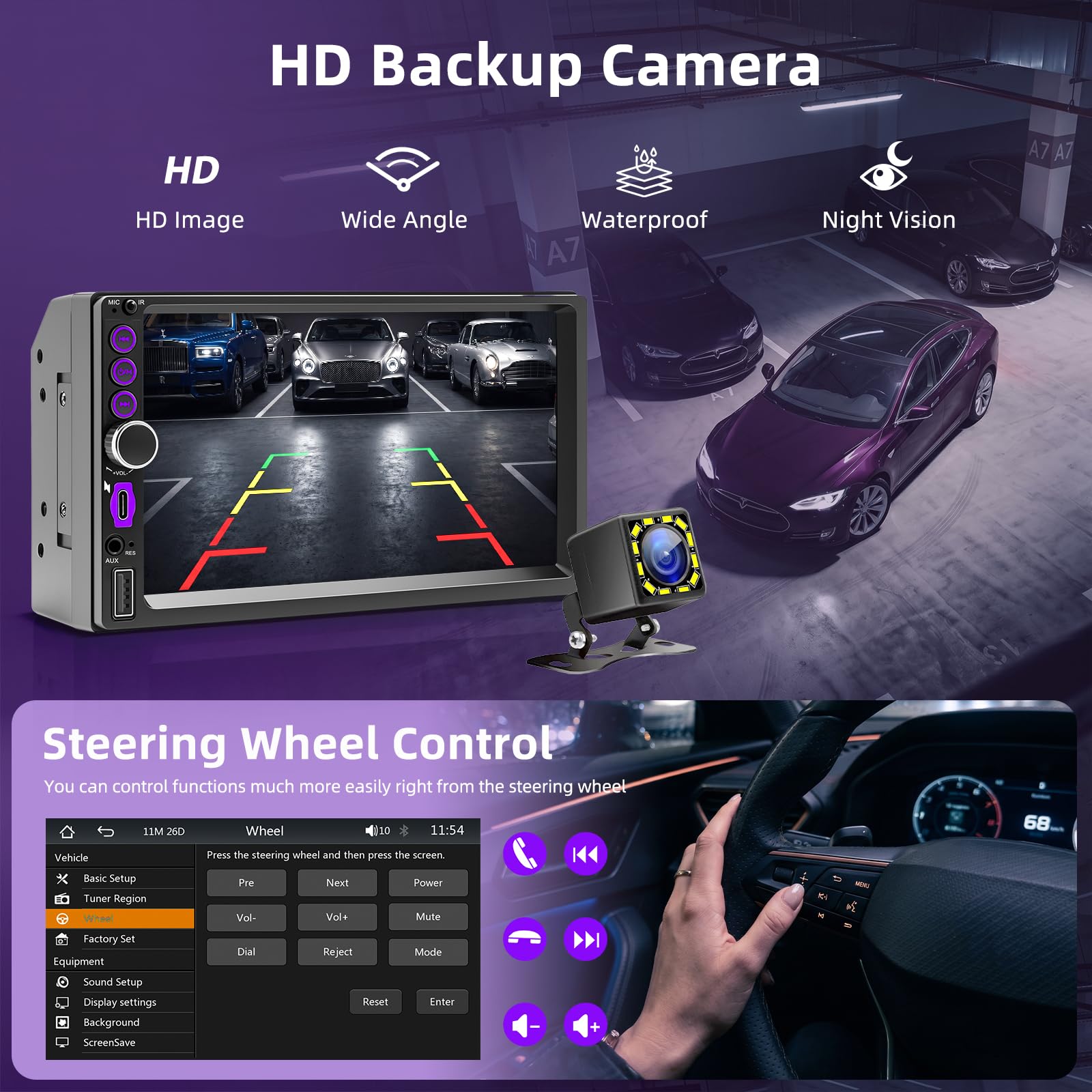 Autoradio 2 DIN mit Wireless CarPlay und Android Auto, 7 Zoll Touchscreen Bildschirm, Bluetooth Freisprecheinrichtung, FM Radio, Mit Rückfahrkamera, Typ-C, Mirror Link, Lenkradsteuerung