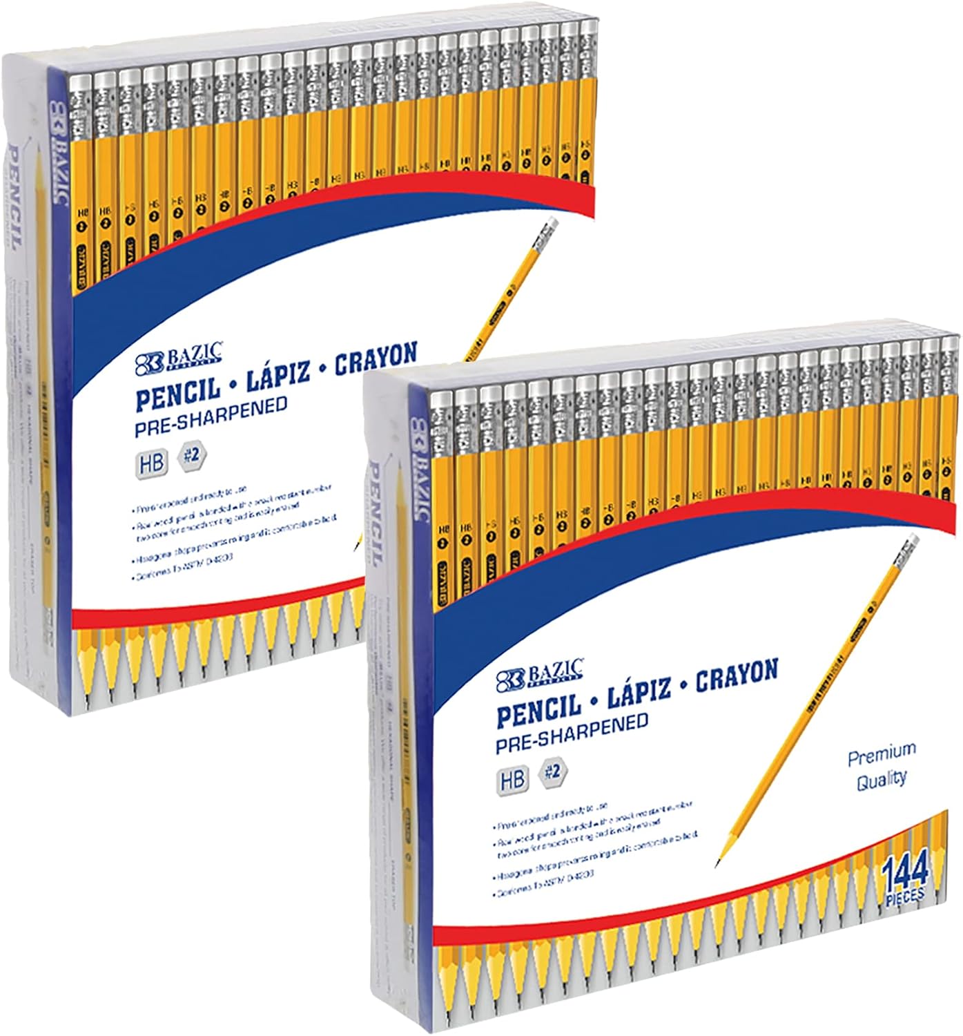 BAZIC Products Pencil Wood Pre-Sharpened Pencil #2 HB, Latex Free Eraser Yellow Pre Sharpened Pencils, Bulk Class Pack for School Office (144/Pack), 2-Packs