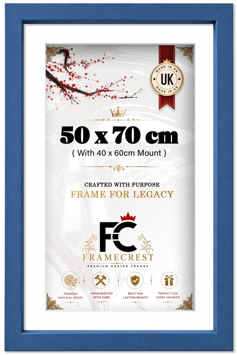 FRAMECREST LTD - 50 X 70 CM Picture Frame With 60 X 40 CM White Mount, Portrait, Landscape Frame For Living Rooms, Offices, Vertical And Horizontal Orientation, For Paintings, Prints - [Blue] — image 1