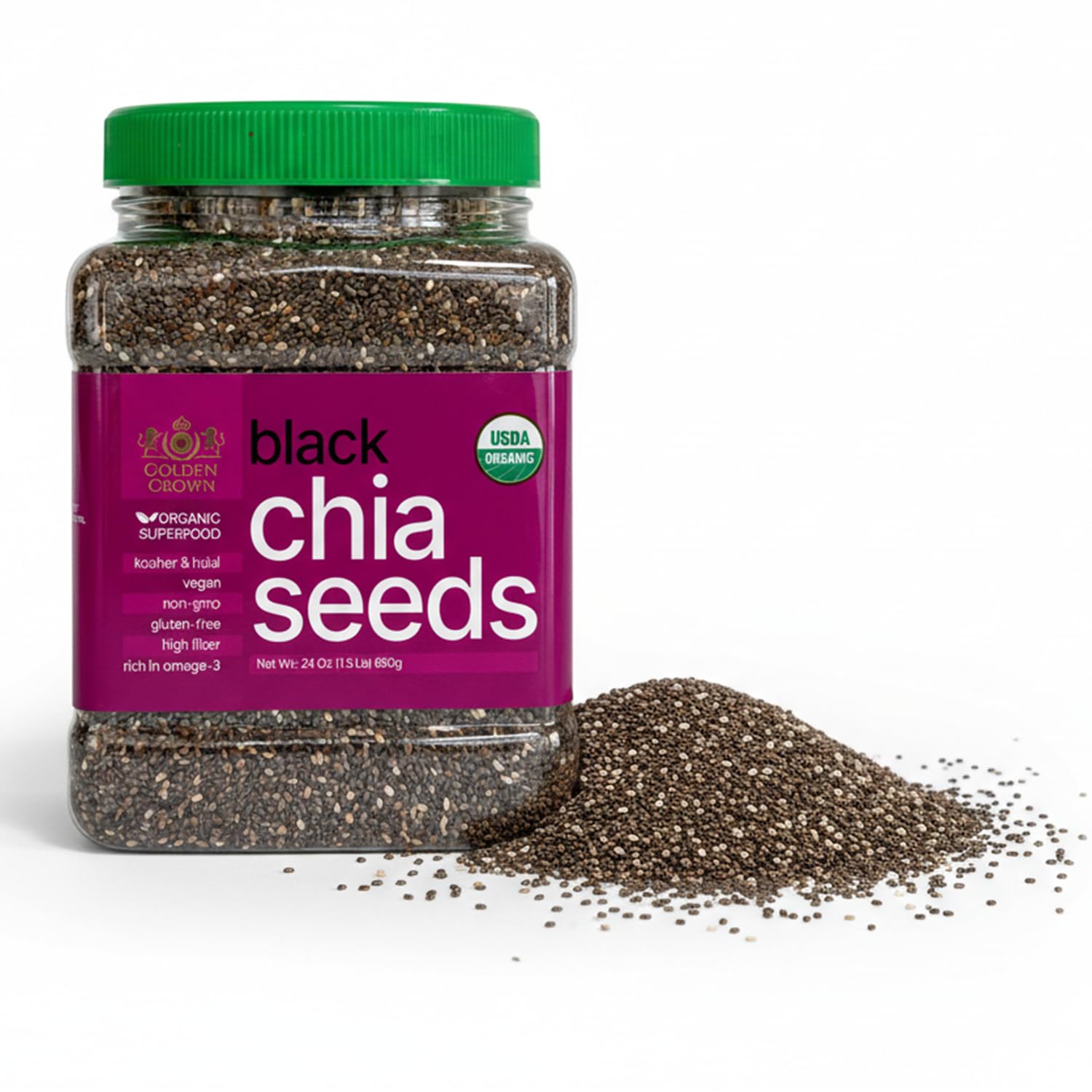 Crown Black Chia Seeds Organic - Whole, Kosher & Gluten-Free - Rich in Omega-3 & Fiber - Premium Organic Chia Seeds - Ideal For Chia Pudding, Smoothies, Salads, Baking & More, 24 Oz (1.5 Lb)