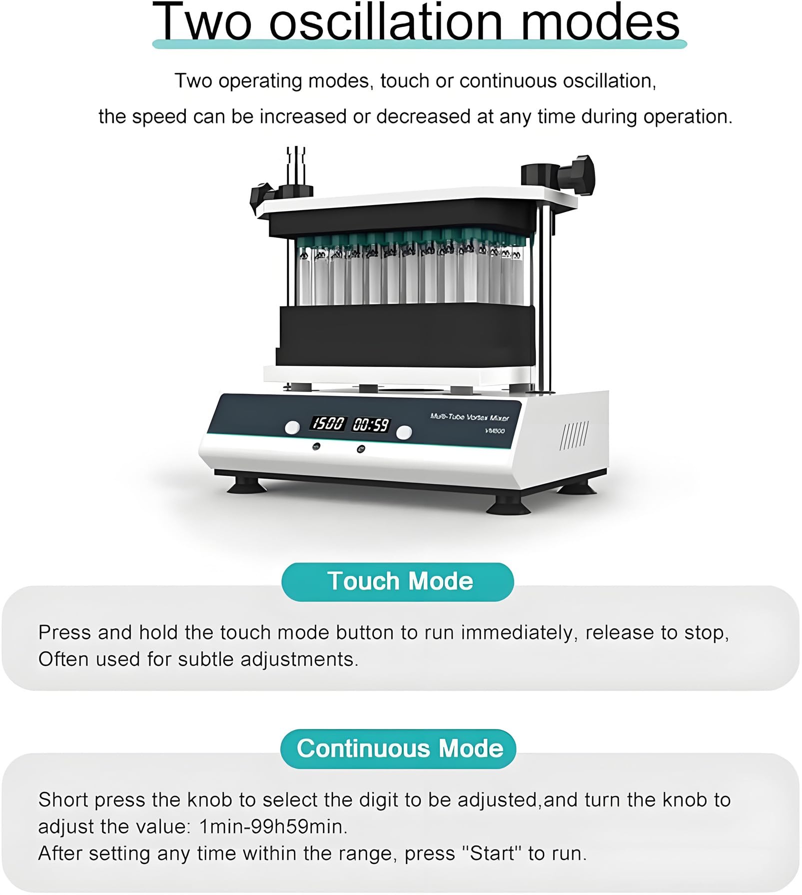 Agitador vórtex de Laboratorio con Capacidad para Tubos de 1,5 ml a 50 ml, 500-3000 RPM, 3 módulos, Control Digital, diseño Compacto para Laboratorios (420 x 280 x 335 mm)