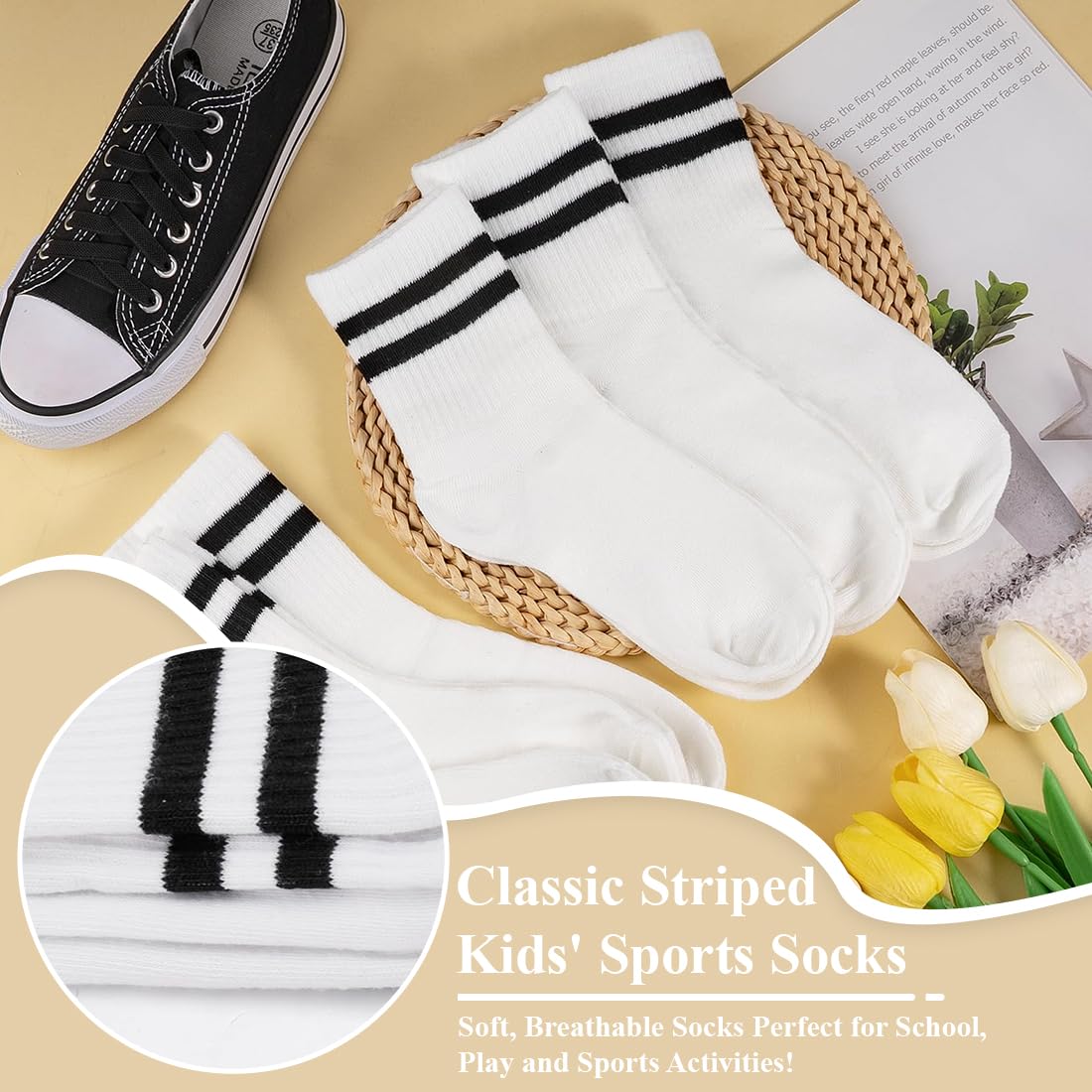 8 paia di calzini sportivi per bambini, calzini sportivi 33-36, calzini di cotone per bambini e bambine, calzini sportivi da tennis, calzini sportivi per bambini, Nero, bianco