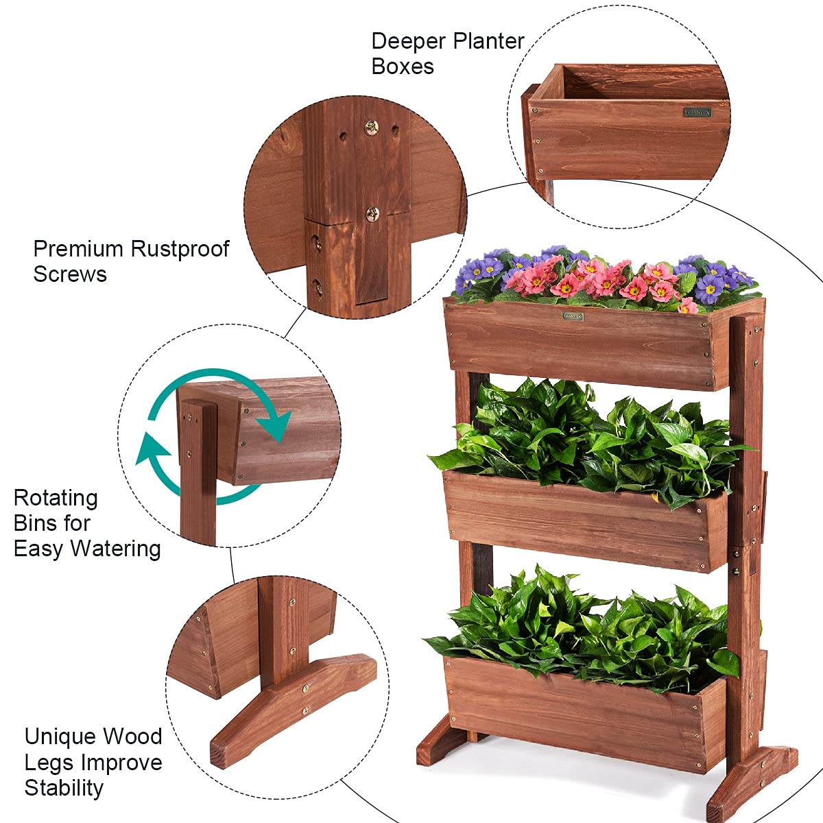 GIANTEX Bancal Vertical de Madera de Abeto con 3 Maceteros para Jardín, Huerto Elevado Ángulo Ajustable, Estantería de Escalera para Flores, Verduras, Plantas, Color Marrón