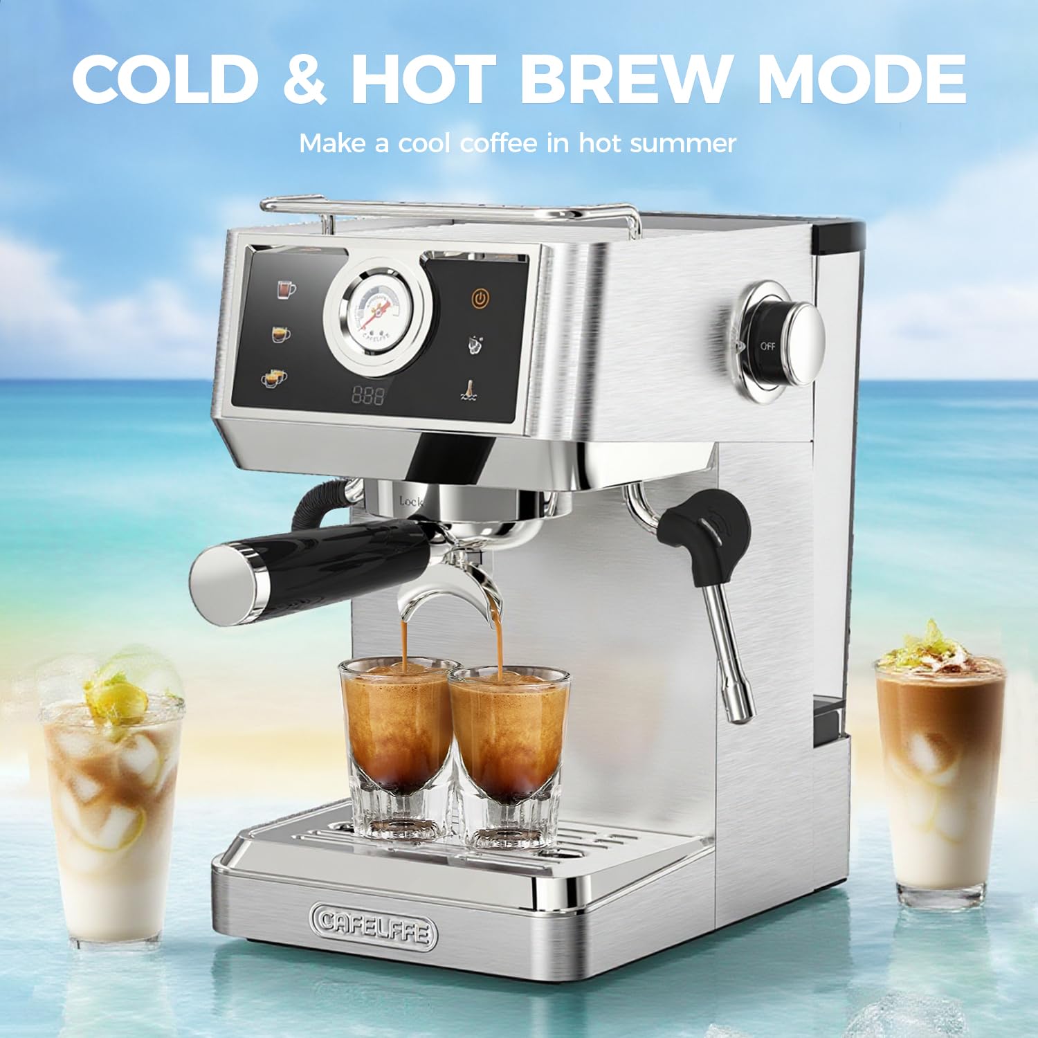 CAFELFFE MK-902 Machine à expresso 20 bars, machine à café entièrement en acier inoxydable, mousseur à lait puissant pour latte/cappuccino, café chaud/froid, réservoir de 1,5 l et 1350 W