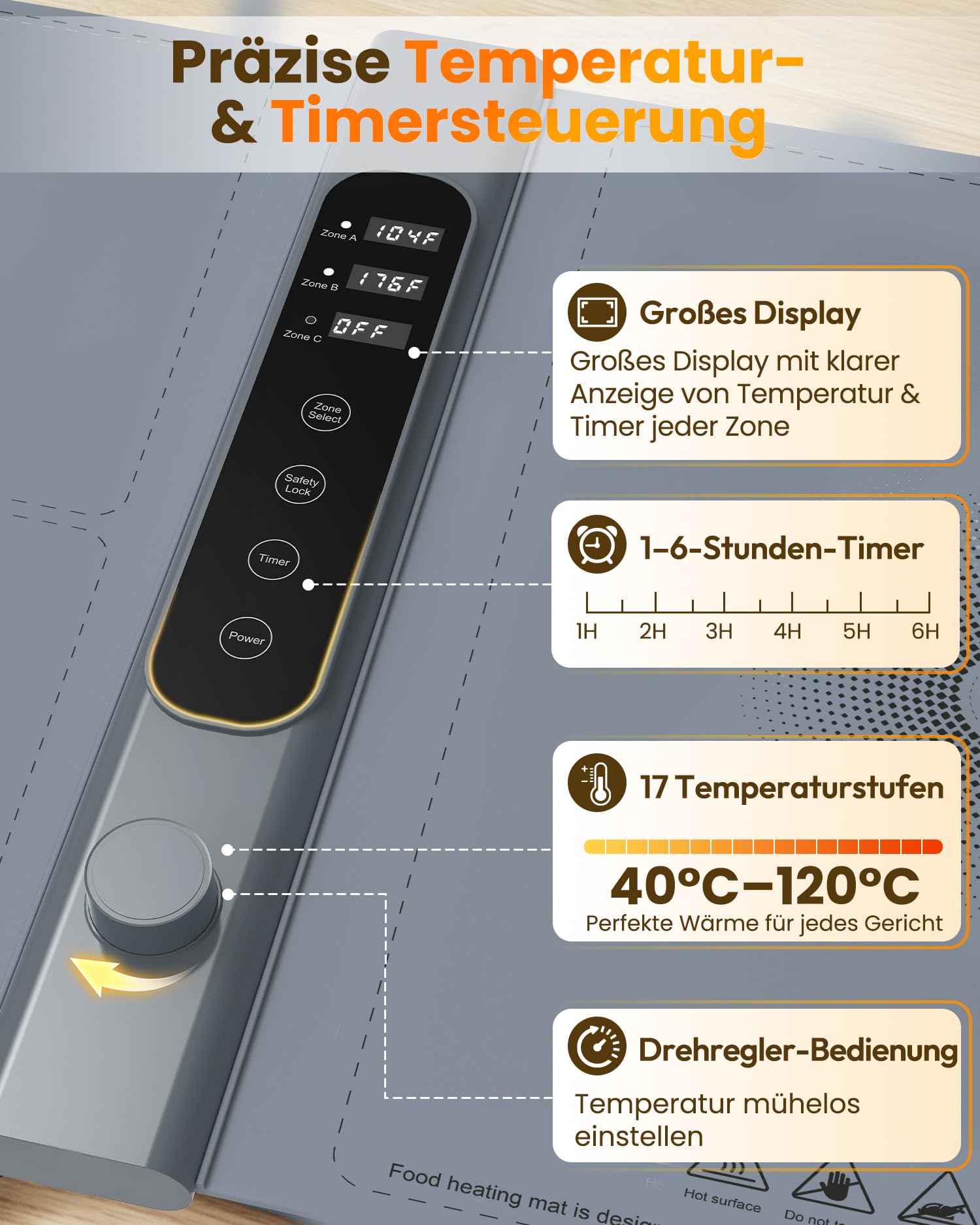 3-Zonen unabhängige Warmhalteplatte für Speisen 101×43 cm XXL, Elektrische Speisenwärmer mit 17 Temperaturstufen & 1–6 h Timer, Silikon-Rollbarer Buffetwärmer & Wärmeplatte Essen für Party-Buffets