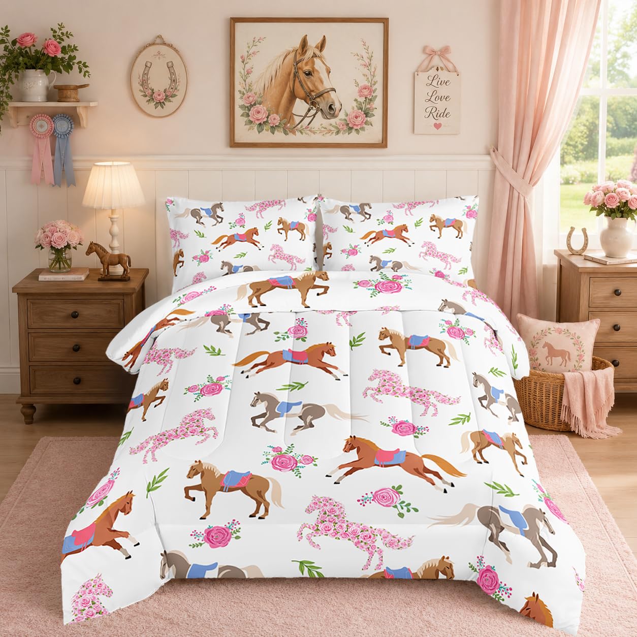 HOSIMA Juego de edredón Kawaii de caballo rosa rosa, ropa de cama de caballo lindo animal para niñas y adolescentes, decoración estética de habitación, juego de ropa de cama de princesa para niños