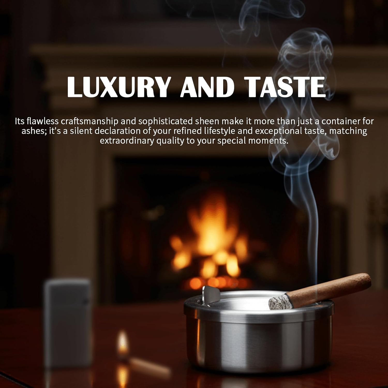 Smokeless Ashtray with Lid, Stainless Steel Flip Top Windproof Outdoor Ashtray, Odor Control Portable Metal Ashtray with Cigarette Rest, for Patio Balcony Travel