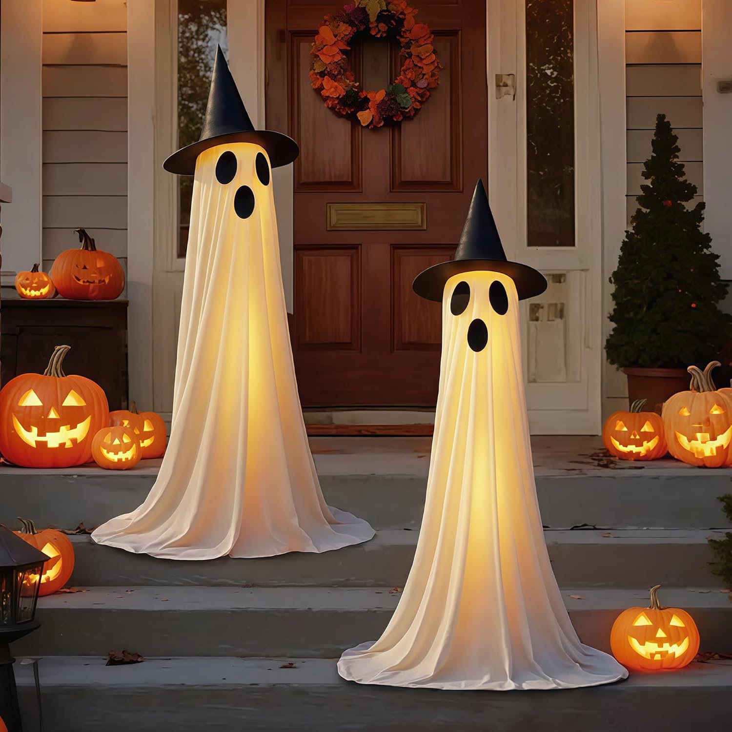 Halloween Decorations Outdoor Indoor - 2Packs Halloween Light Up Ghost Decorations with Witch Hat & LED String Lights, Easy Assemble Ghosts Decor for Home Outside Porch Yard Garden Lawn Party