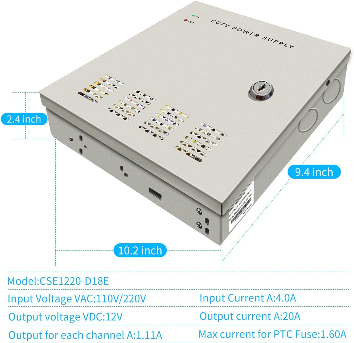 18 Channel 12 Volt DC Output 20A CCTV Distributed Power Supply Box for Security Camera with AC Plug and Lock for Security Cameras, DVRs, CCTV Power Supply (20A 18-Channel)