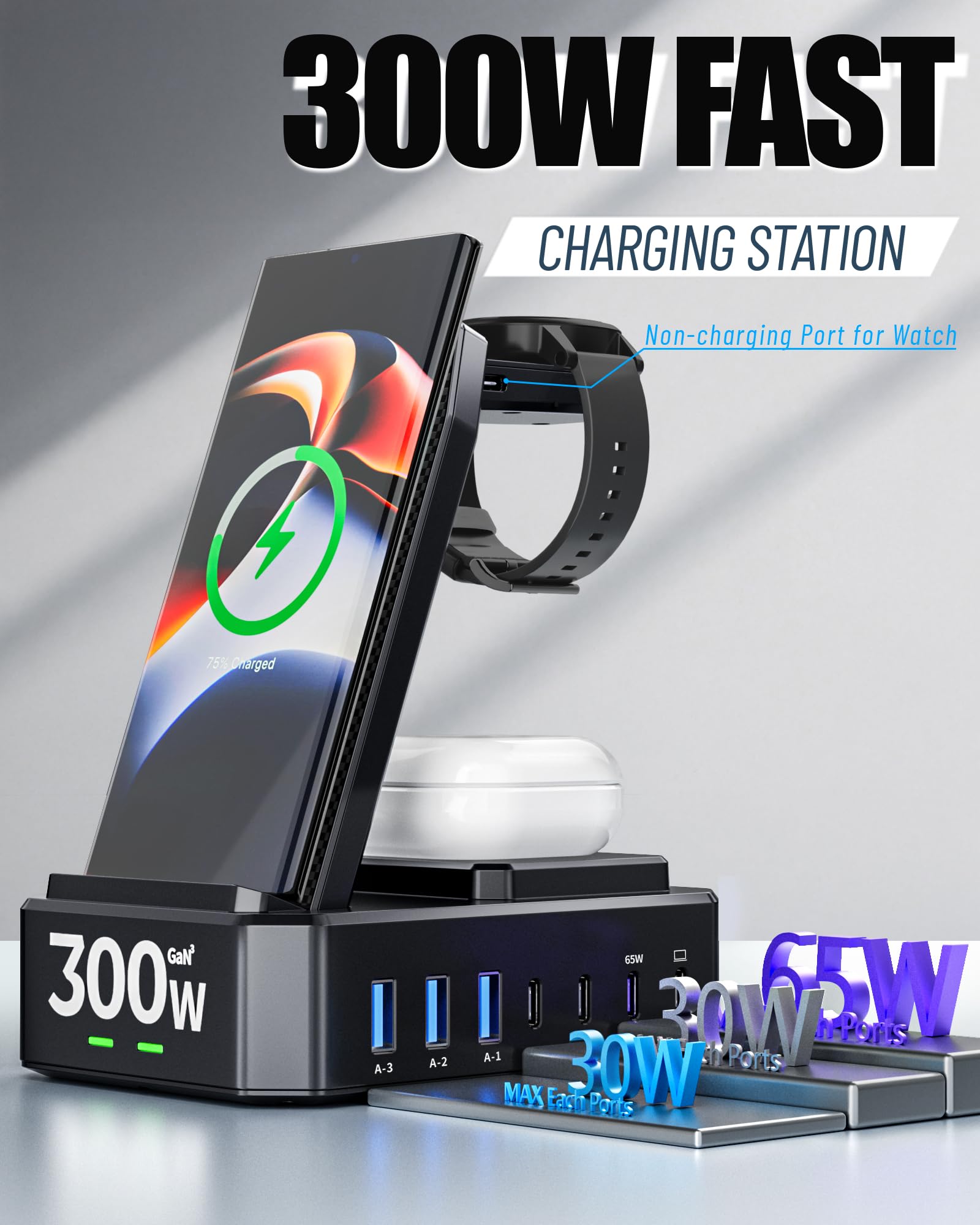Cargador inalámbrico para Samsung, estación de carga inalámbrica 10 en 1 de 300 W, soporte de carga rápida USB C de 65 W para Samsung S25 Ultra/S24/S23/S22/Note 20, Galaxy Watch Ultra7/6/5, Galaxy