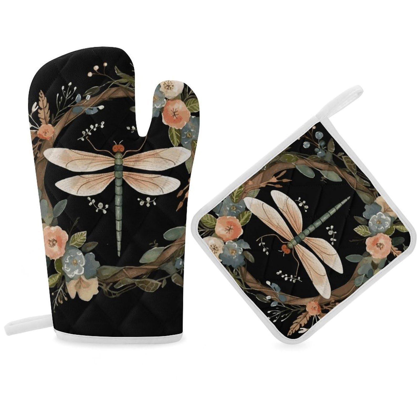 Image of Dragonfly in Wreath Oven Mitt Thick Substantial Heat Insulation Gloves Soft Skin-Friendly Temperature Resistant Oven Mitts for Cooking Lover Cooks