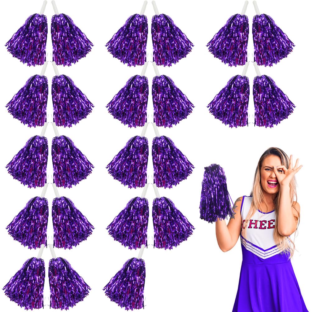 Lovecheer 24 pompones morados para animadoras con asa para baloncesto, hockey, eventos deportivos, Halloween, cumpleaños, fiesta de Navidad