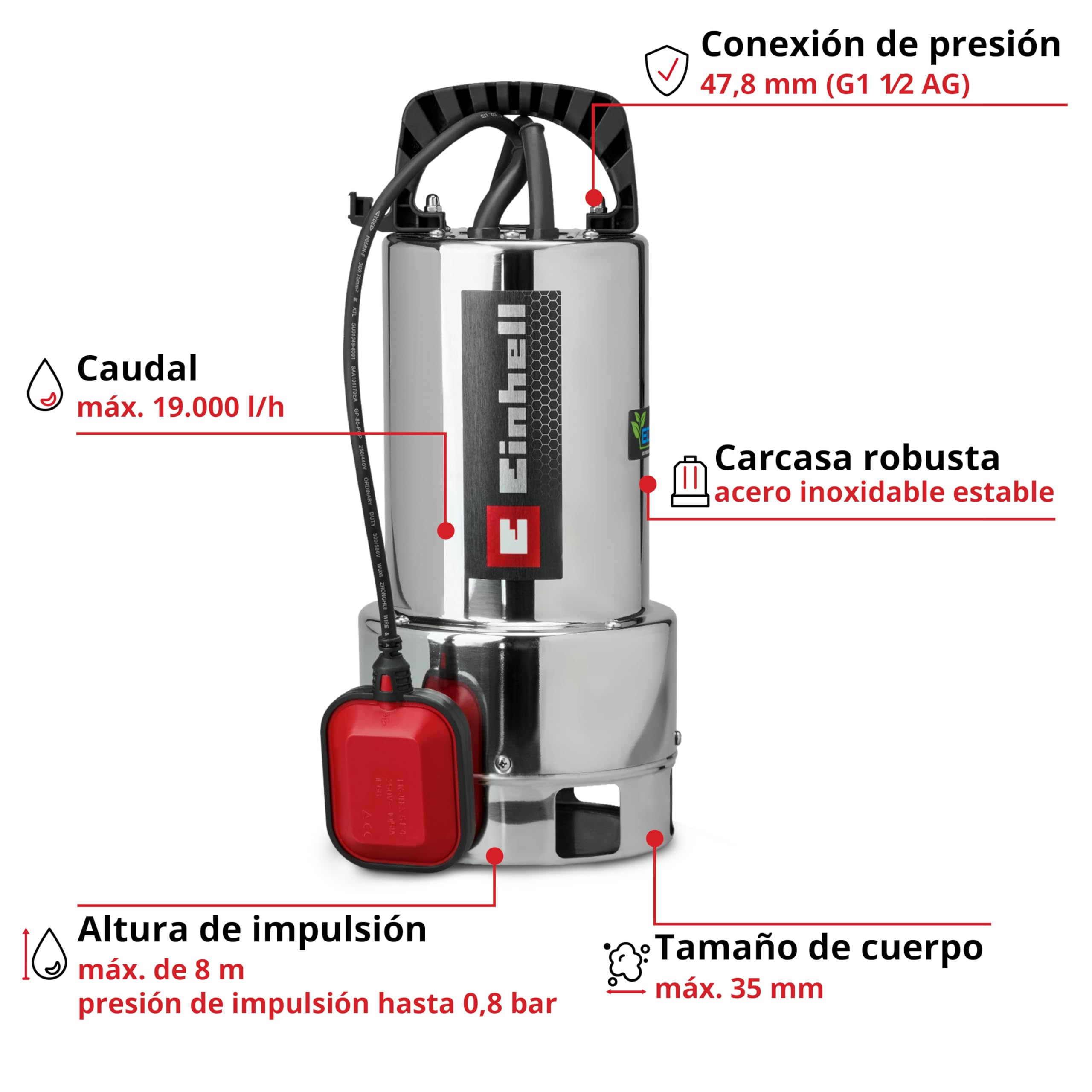 Einhell bomba de aguas sucias GC-DP 7035 N ECO PLUS 700 W 19000 l/h 8 m 35 mm