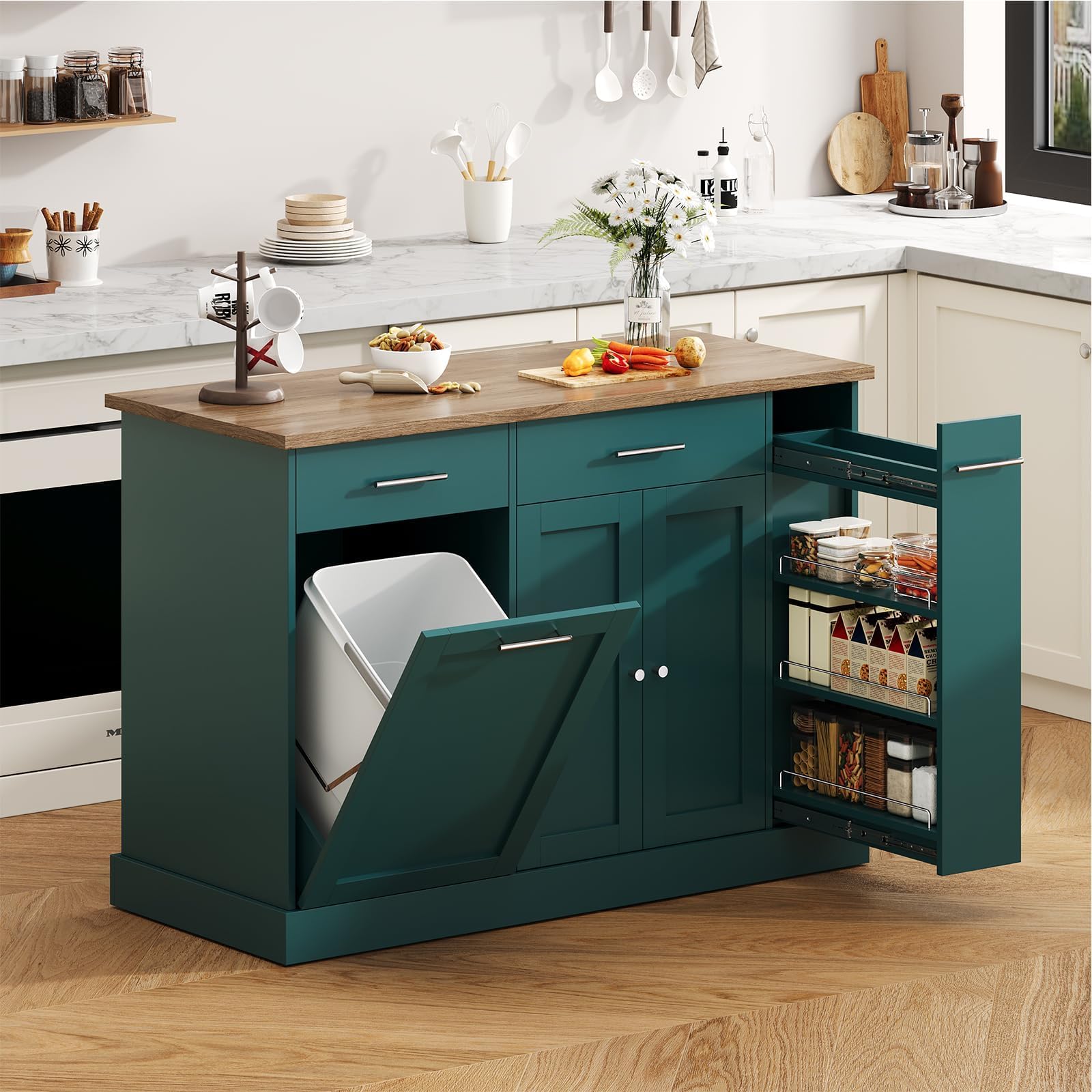 53 Inch Kitchen Island with Trash Can Storage, Rolling Island Table, Green