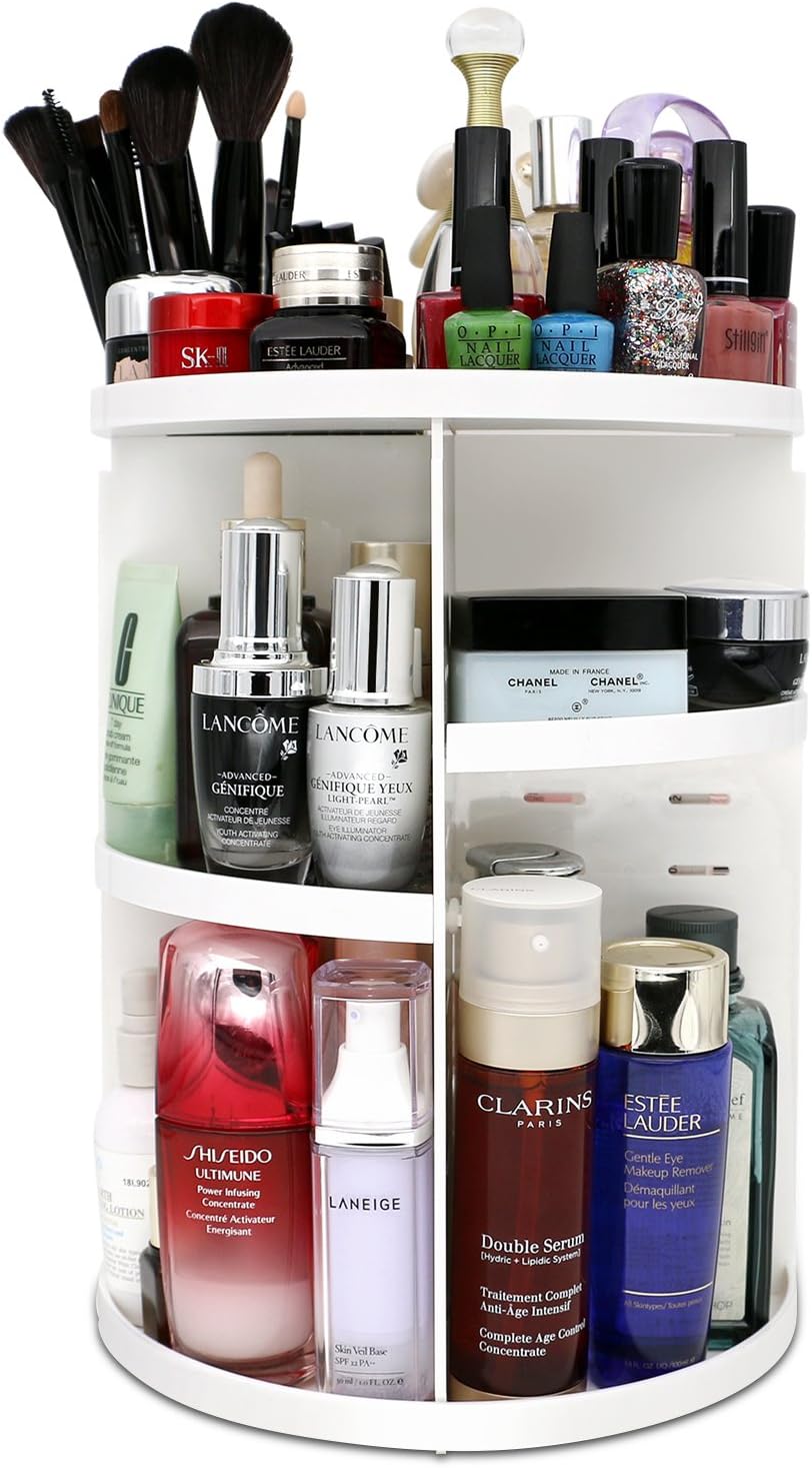 Meeracula - 360 Degree Rotating Makeup Organiser, Adjustable Multi-Function Cosmetic Storage Box, 7 Layers, Oversize Capacity, Fits Nail Polish, Eyeliner, Lipsticks and More.(White) (Large)