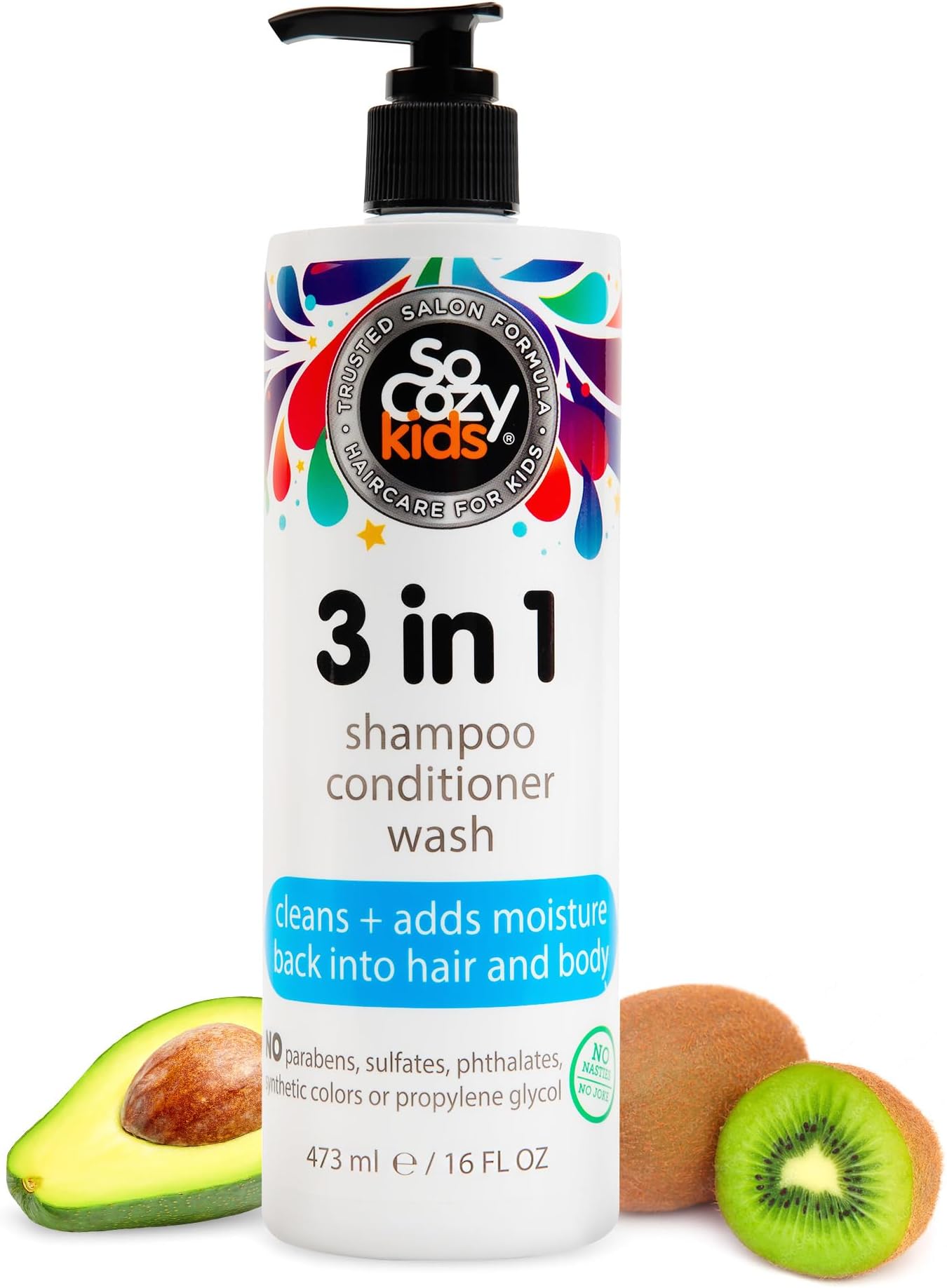 SoCozy 3 in 1 Kids Shampoo + Conditioner + Body Wash (16 Fl Oz) Gentle, Hydrating Hair & Body Cleanser with Keratin, Vitamin B5, & Kiwi Extract, Paraben & Sulfate-Free