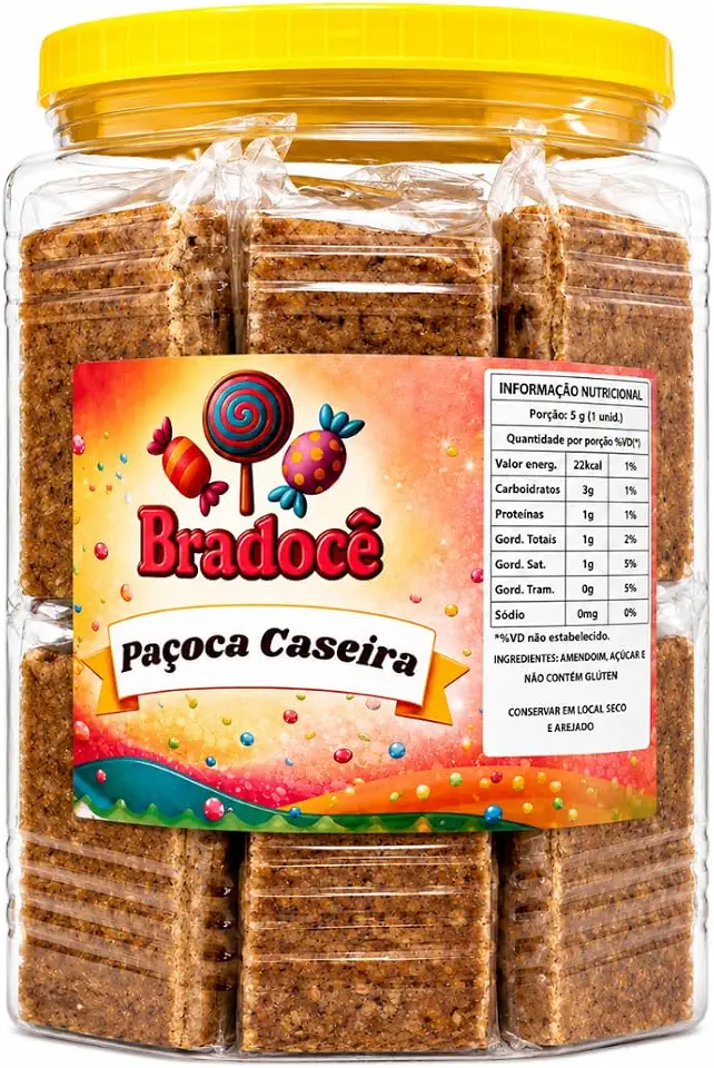 Paçoca Caseira Tradicional Pote com 20 Unidades 1,020kg Bradocê Doce de Amendoim Macio Sabor Caseiro
