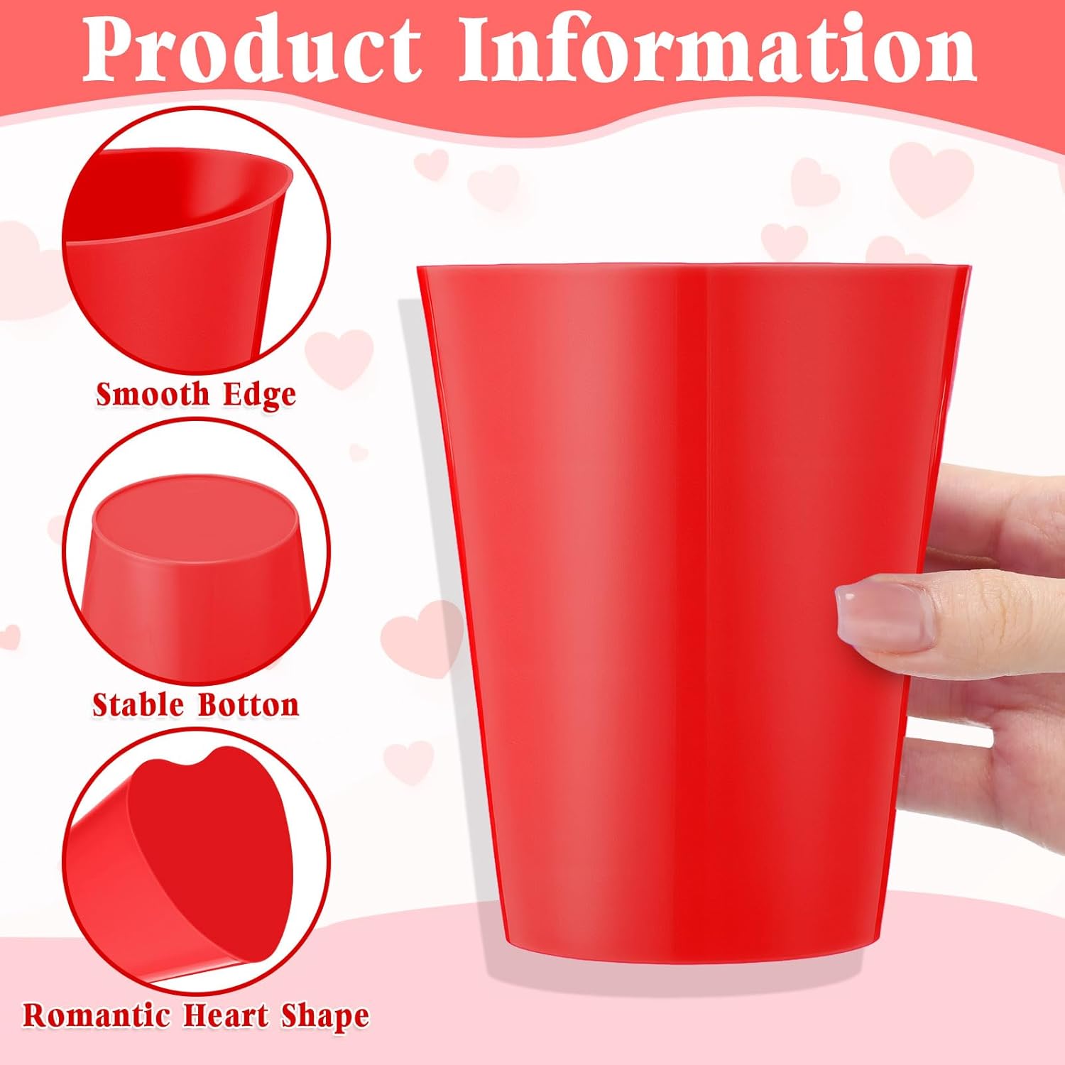 Qinyoung 100 Pcs Valentines Heart Shaped Plastic Cups Bulk 12 oz Plastic Heart Wine Cups Reusable Pink Red Galentines Party Cup for Wedding Birthday Drinking Beverage Party Supplies(Red)