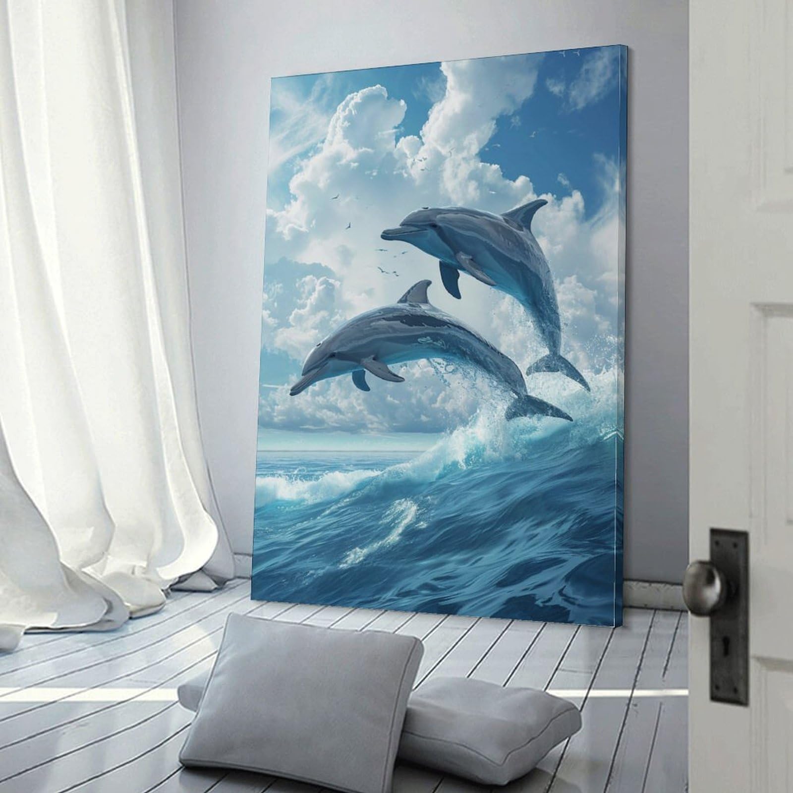 Amazon.co.jp: 絵画 青い空と白い雲の下で海から飛び出すイルカ アート
