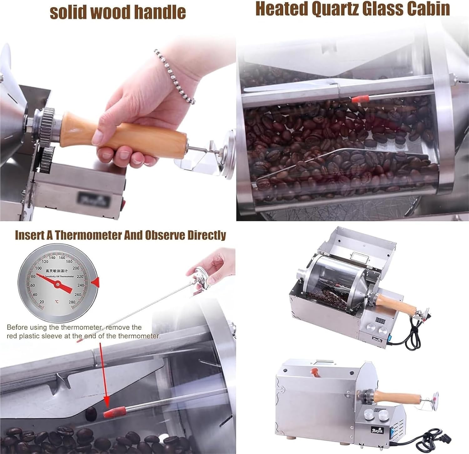 電動コーヒー豆焙煎機、ガラス加熱ホッパー付き400gコーヒー豆ロースター、全自動回転穀物焼成機、12〜20分＆100〜300℃温度調