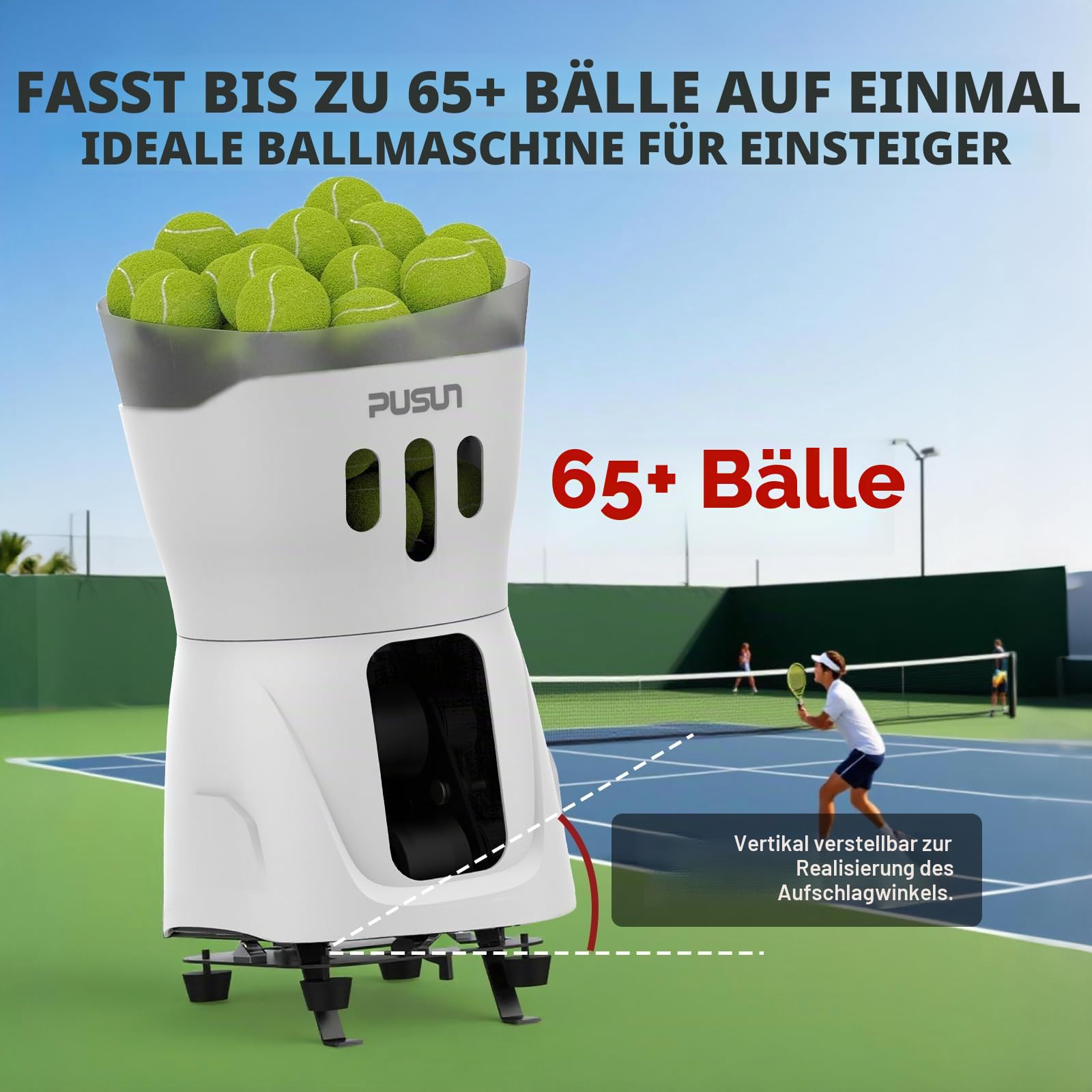PUSUN PT-Mini Pro Tennisballmaschine mit Smart App Steuerung Fernbedienung, Einstellbare Geschwindigkeit/Rotation/Frequenz für Anfänger, Kapazität 65+Bälle, Akkulaufzeit 3-5 Stunden