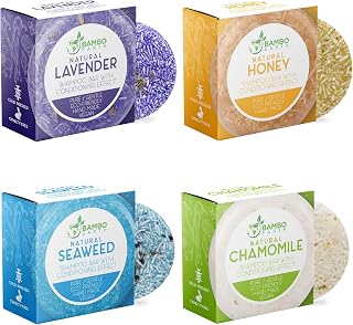 BAMBOEARTH 4-Pack Organic Solid Shampoo Bars with Conditioner Effect - Lavender, Honey, Seaweed, Chamomile - Zero Waste, Eco-Friendly Hair Soap