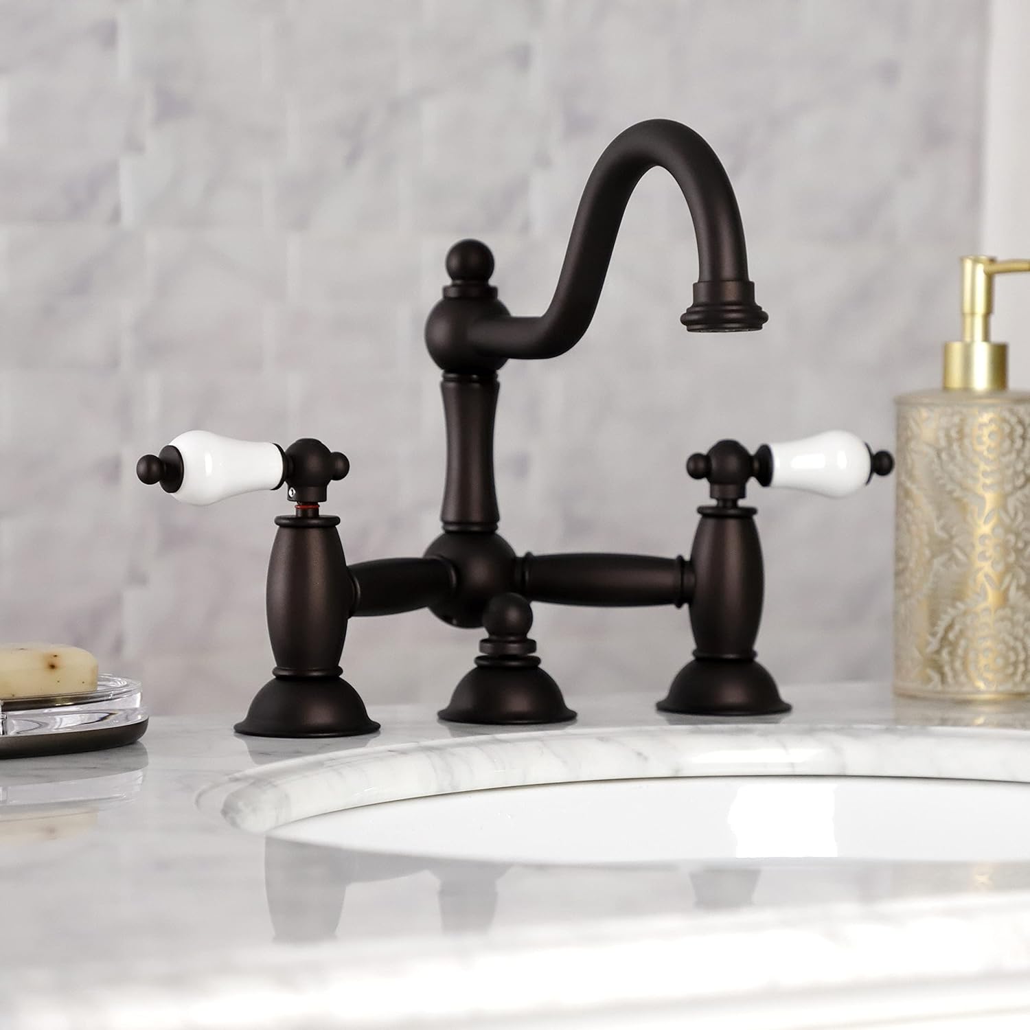 Free Shipping Over $50 Kingston Brass KS3915PL Restoration Widespread Lavatory Faucet with Porcelain Lever Handle, Oil Rubbed Bronze
