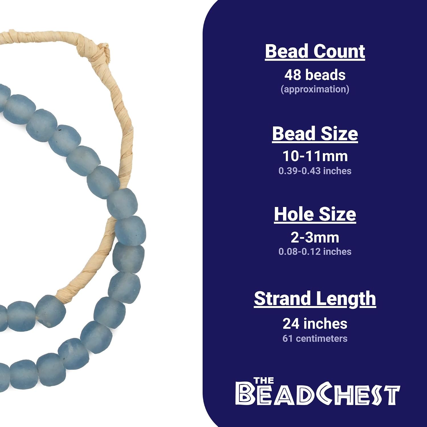 The Bead Chest African Recycled Glass Beads – Handmade in Ghana – Light Blue 11mm Strand for Jewelry Making, Crafts, and Home Decor I Approximately 48 Beads