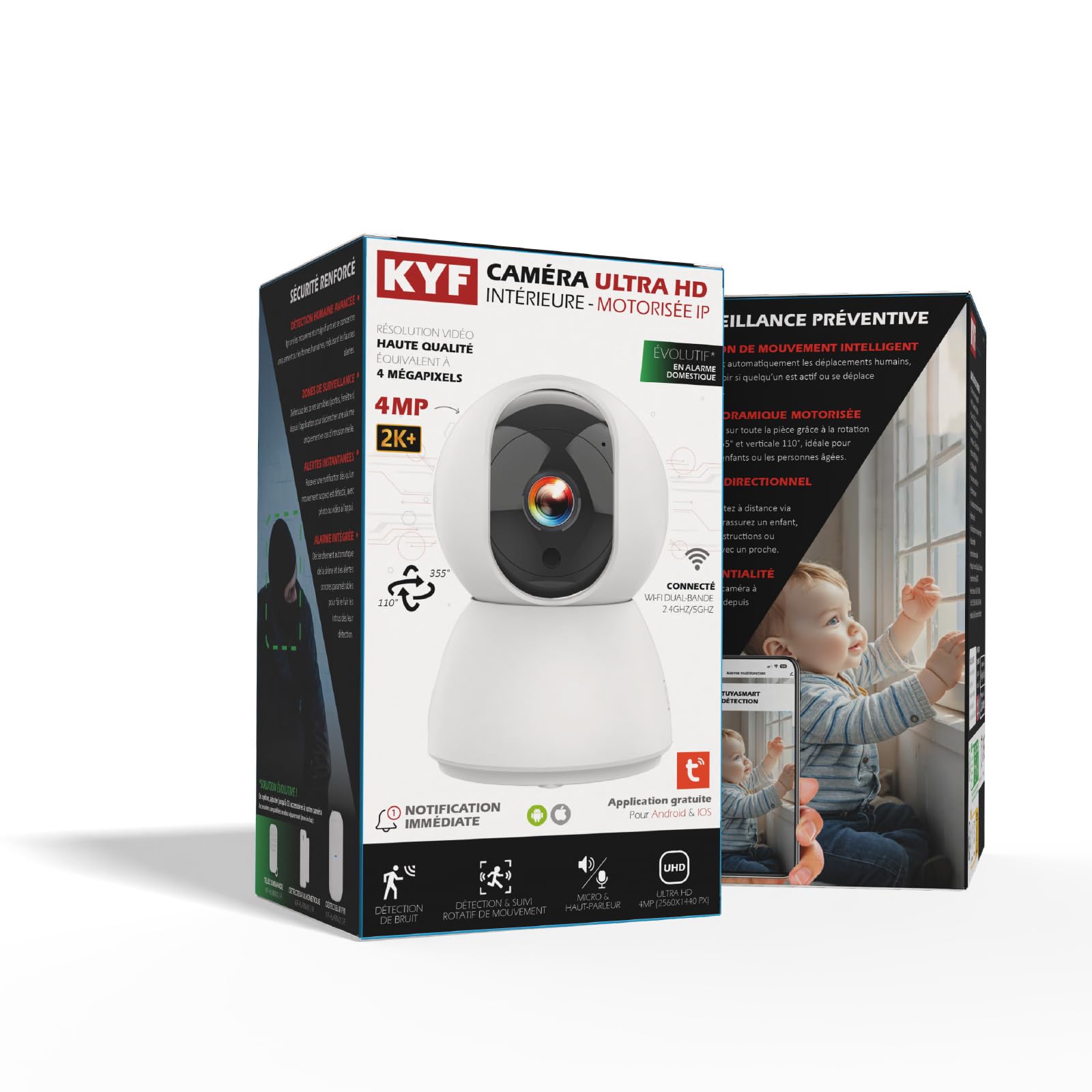 KYF Caméra IP Intérieure, 4MP Ultra HD, Sirène 90dB, Rotation Motorisée 355°/110°, Wi-FI Double Bande, Vision Nocturne, Audio Bidirectionnel, Détection de Mouvement, KYF-CAM-027