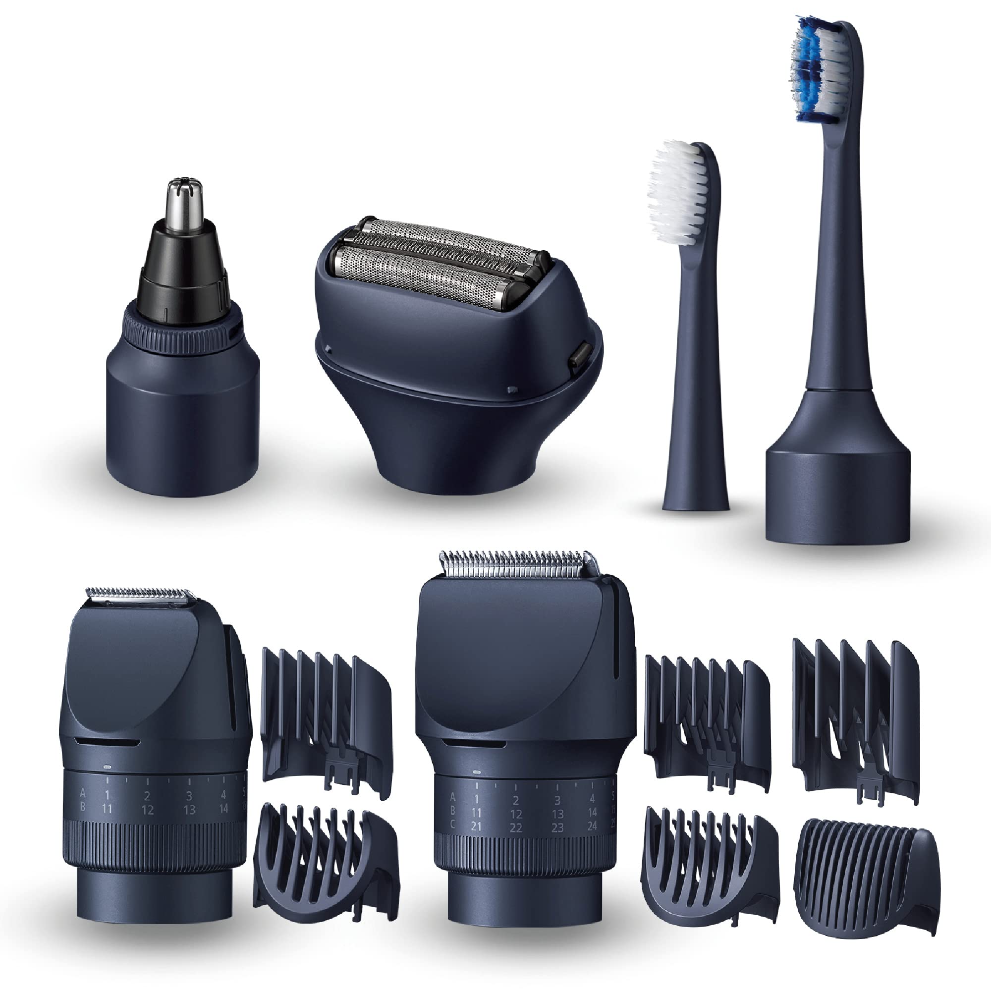 Panasonic MULTISHAPE modulares Körperpflege-System für Männer, Bart-/Haartrimmer, Bart-/Haar-/Körpertrimmer, 3-Klingen-Scherkopf, elektrische Zahnbürste & Nasen-/Ohren-/Augenbrauentrimmer Aufzatz