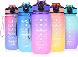 Kids Water Bottle with Straw, 20 OZ Motivational Water Bottle with Time Markings, BPA-Free Reusable Leak-proof Water Bottles with One-handed Opening Straw Lids, Anti-dust Spout Cover (Purple-Pink)