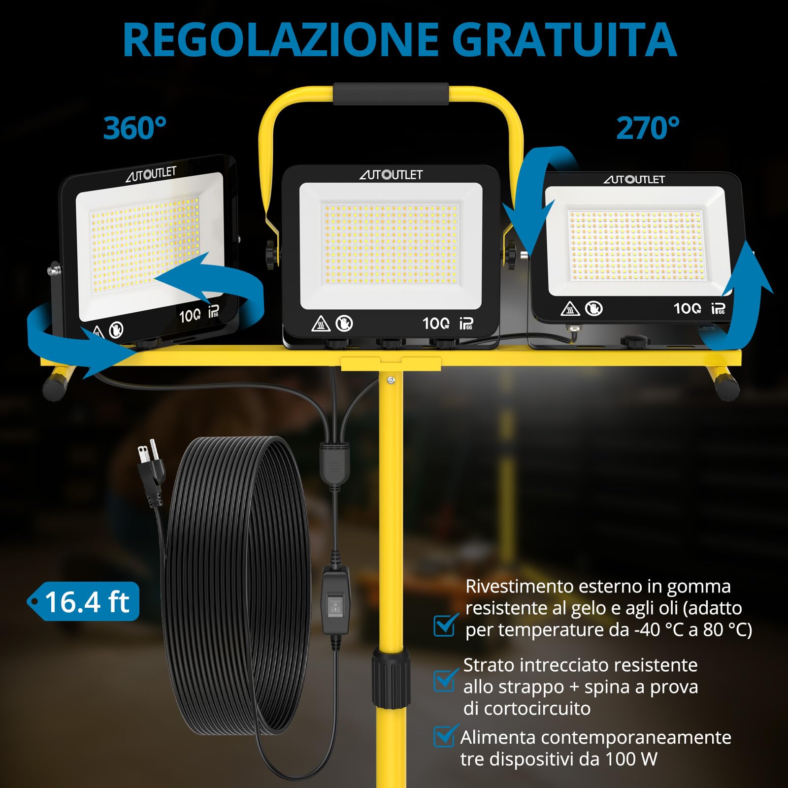AUTOUTLET Faretto da Cantiere con Treppiede Allungabile,3x 100W 27000LM Faro Led Ricaricabile con 3 Temperature Colore e Cavo di Alimentazione da 5 M,IP66 Impermeabile,per Garage Officina e Esterno