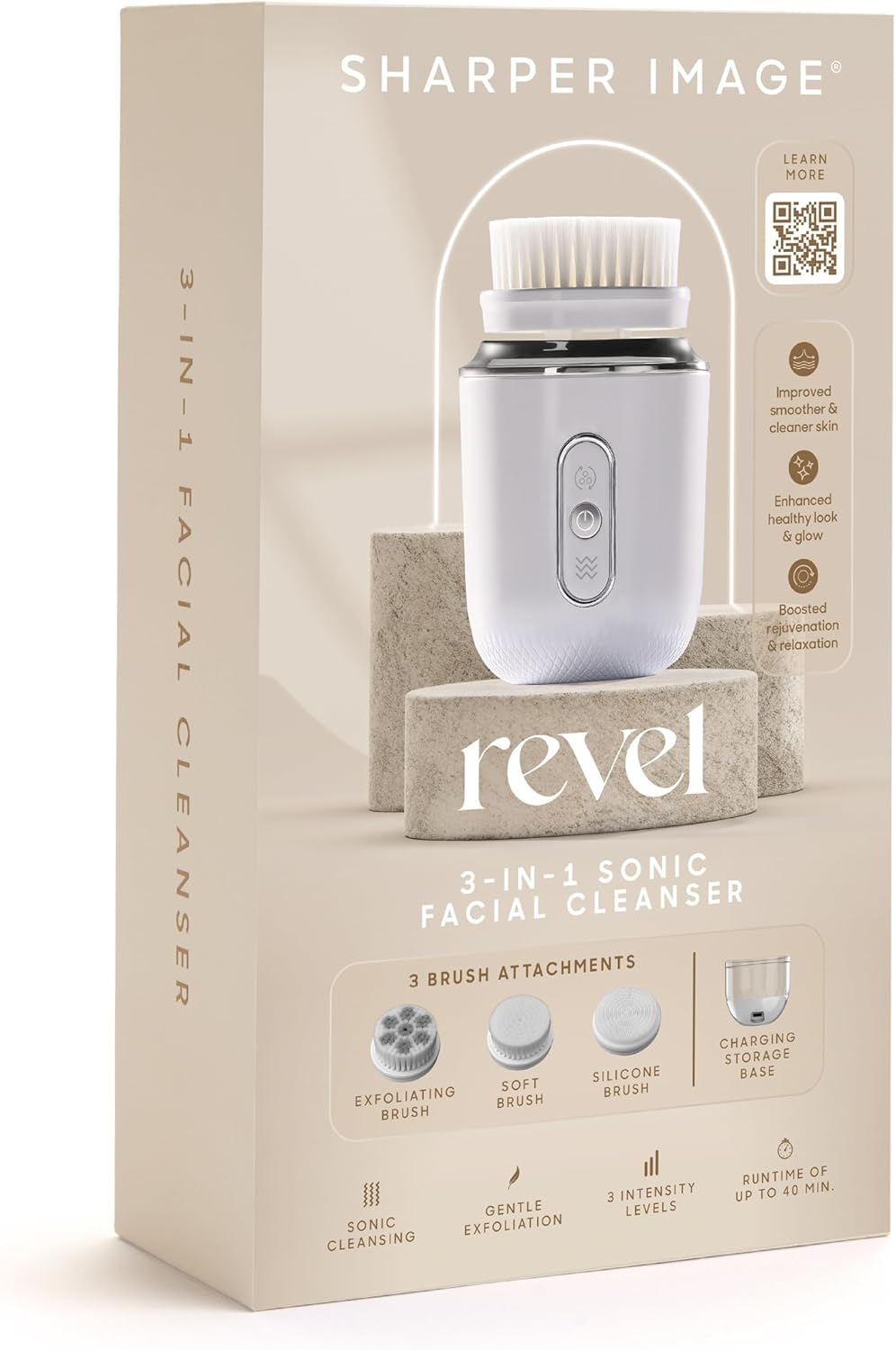 Sharper Image Revel 3-in-1 Sonic Facial Cleanser - 15,000 VPM Glow-Boosting Face Brush, Oscillating & Spin Modes, 3 Brush Heads, 3 Speeds, 90-Second Smart Timer, Wireless Charging, Water-Resistant