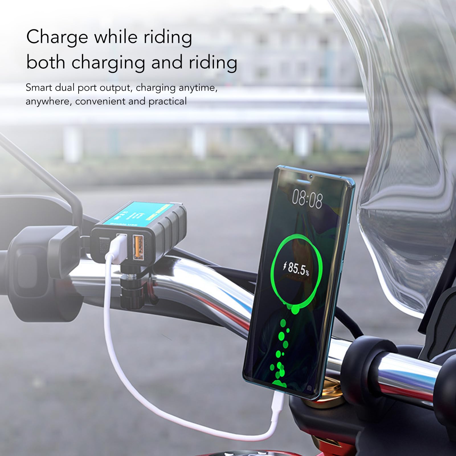 Alomejor Motorcycle Phone Charger SAE Plug USB 12V Dual QC3.0 Charger with Cover Multiple Functions for Vehicles