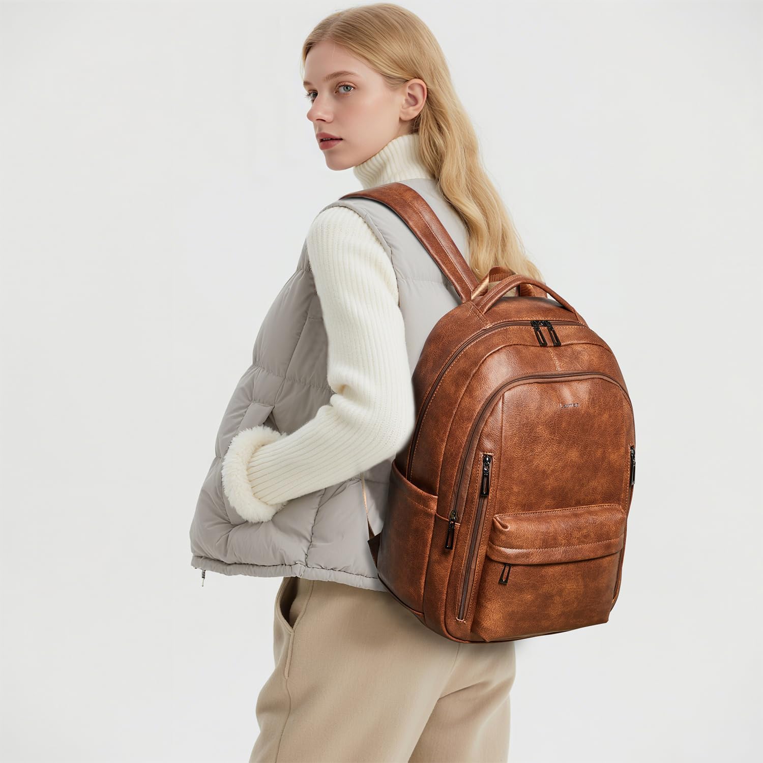 30L Backpack Purse for Women Men Laptop Backpack, Faux Leather Travel Work Backpack Teacher Bookbag fits 15.6" Laptop,Brown - Image 2