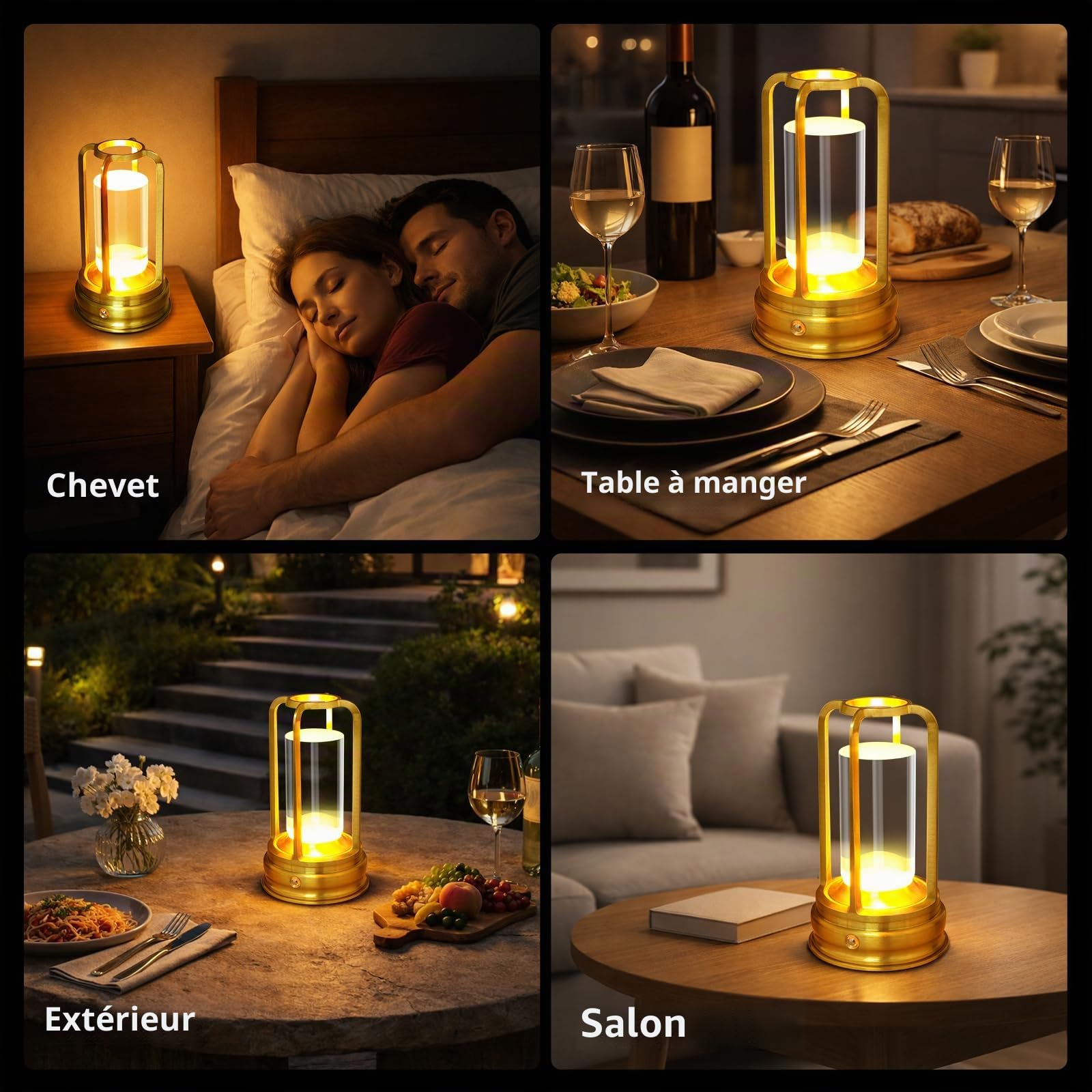 Kangtaixin Lampe de table rechargeable sans fil, lampe tactile LED portable avec 3 niveaux de luminosité, batterie 2000mAh, pour extérieur, jardin, restaurant et camping, or, lot de 2