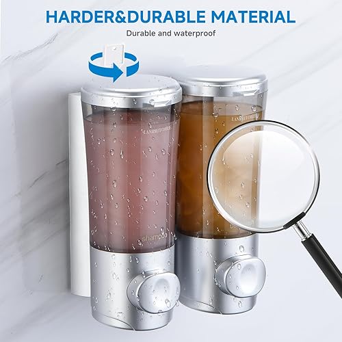 Miniatura 5 de Dispensador de champú y acondicionador, dispensador de jabón de ducha, 2 cámaras, sin taladro, dispensador de champú montado en la pared,