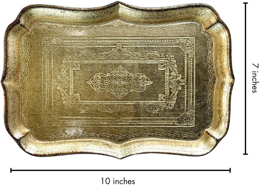 Florentine Carved Wood Rectangle Scalloped Mini Tray – Handmade in Italy Decorative Serving Platter – Heat Resistant & Artisan Crafted, Gold